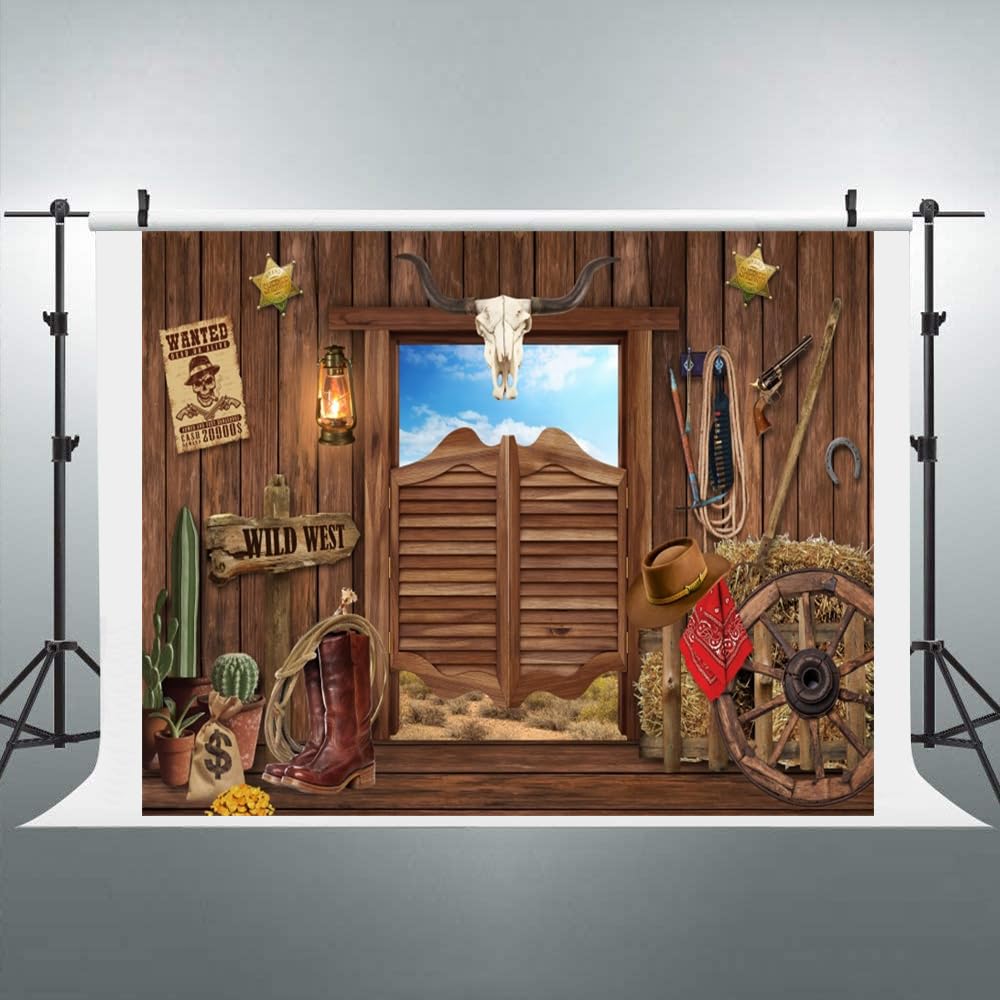 Sfondo western 2,4 x 1,8 m Western Cowboy decorazione per feste banner Wild West Rodeo Decor Country Saloon Bar rustico in legno fienile porta foto sfondo per bambini ragazzo compleanno baby shower