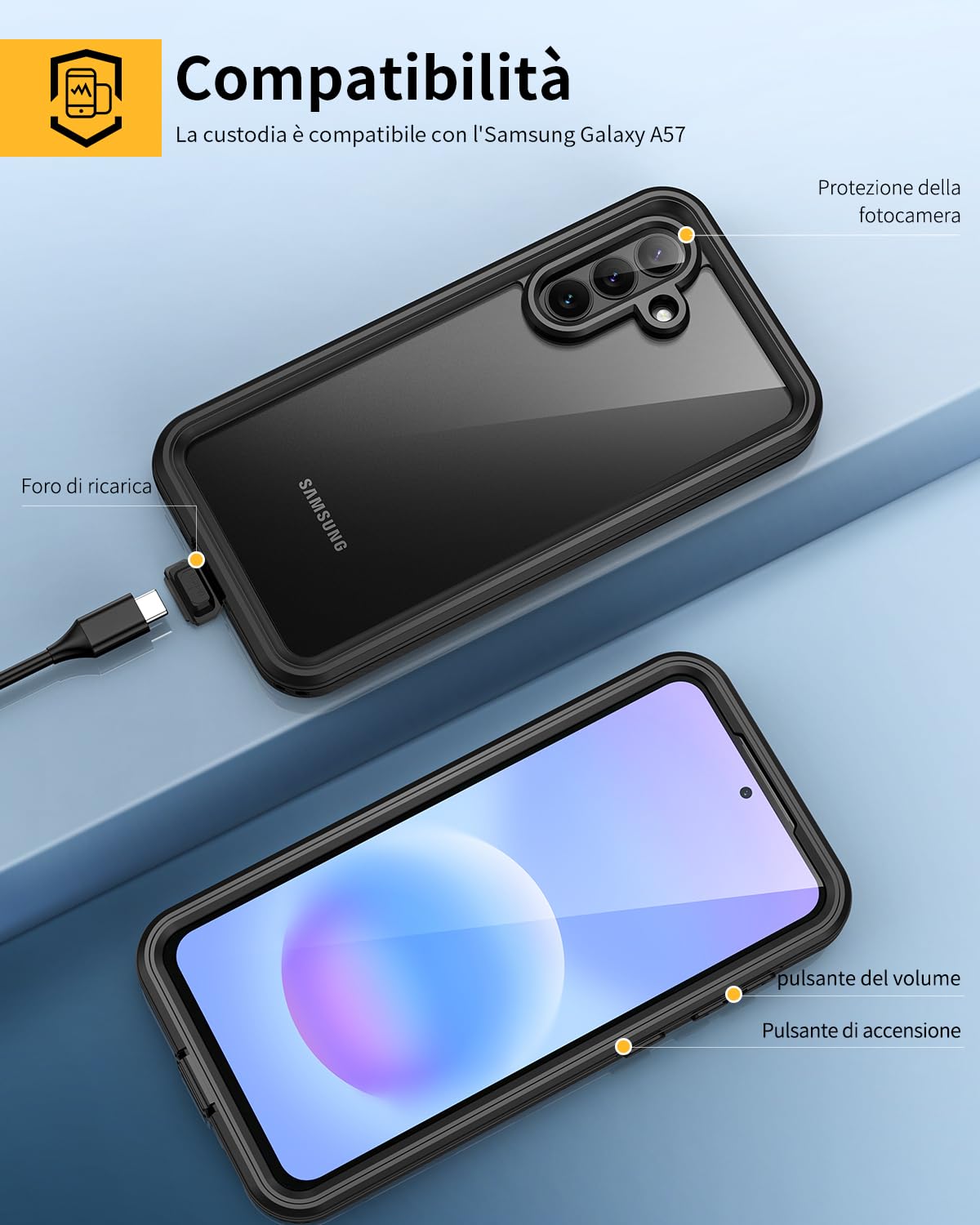 Lanhiem Cover Per Galaxy A57 5G Impermeabile [IP68 Waterproof e 360 Gradi Protezione] Custodia Subacquea Antiurto Resistente Rugged con Protezione dello Schermo per A57,Nero