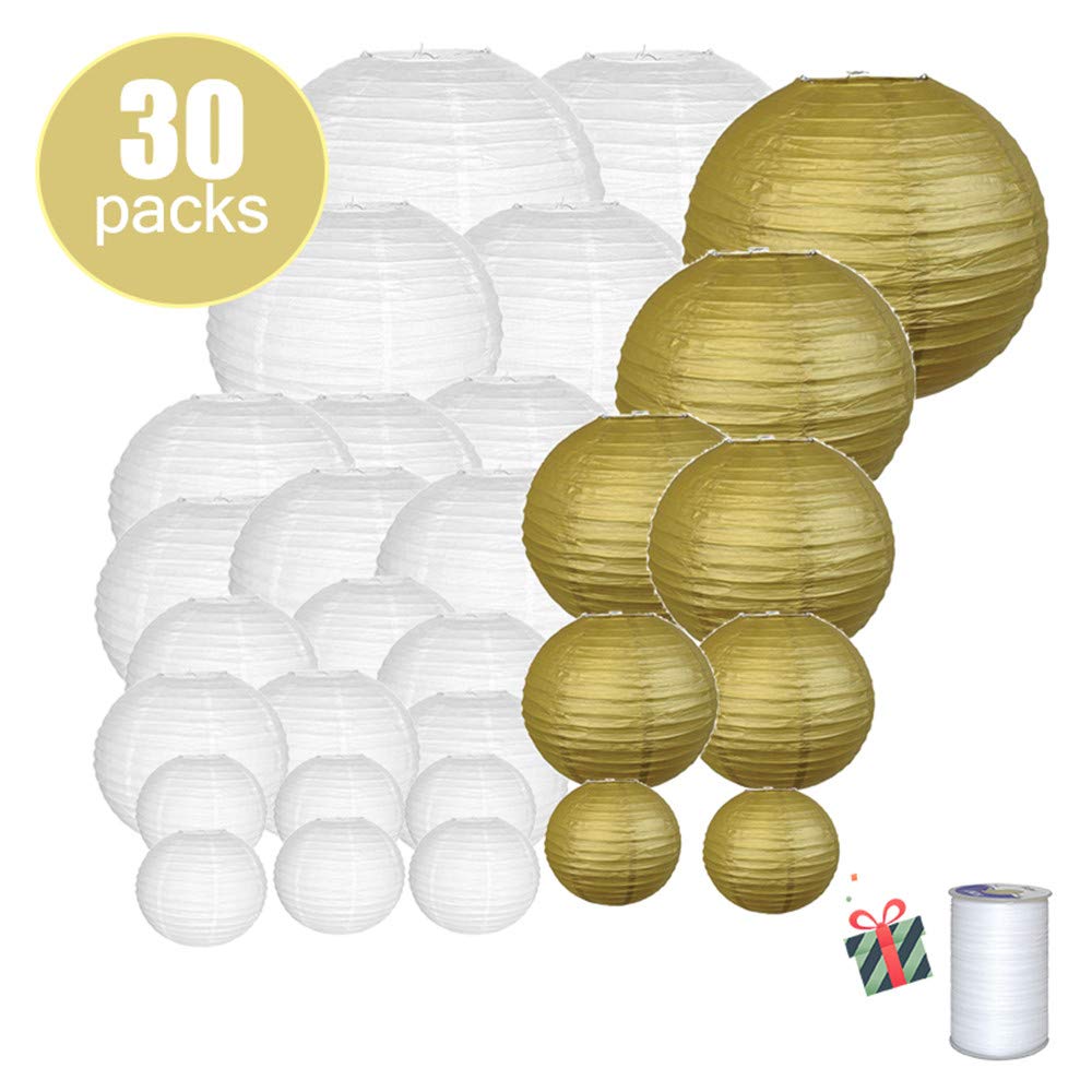 Decorative Party Paper Lanterns, Morbuy 30Pcs Round Chinese Lantern Lamp Garland for Christmas Festival Wedding Baby Shower Party Birthday Indoor Outdoor Decorative (30 Pieces,Gold)
