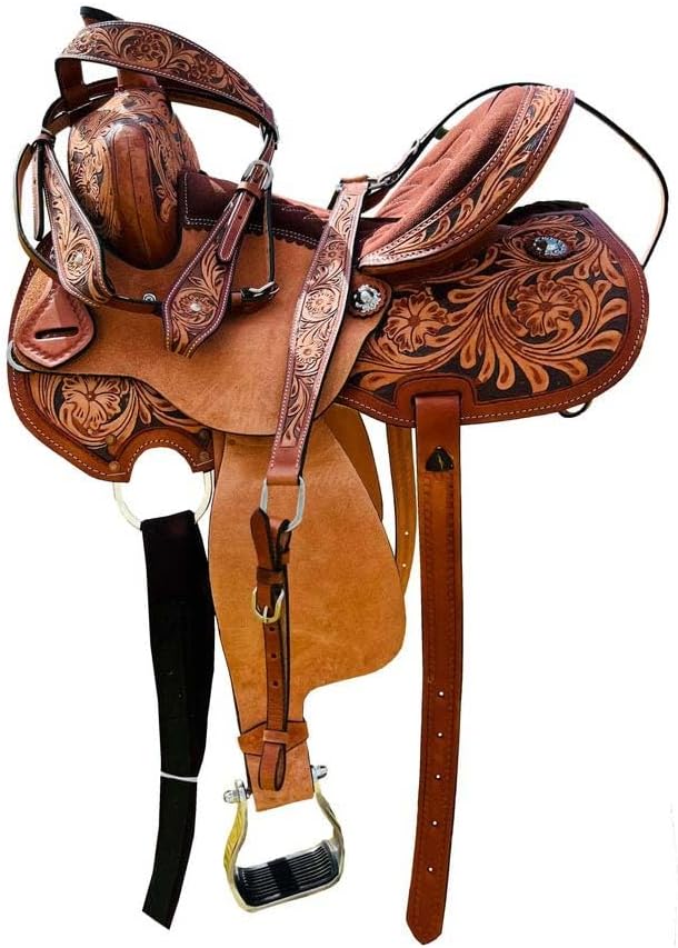Leather Barrel Racing Western Horse Saddle Handmade Premium Custom Cowboy Cowgirl Pleasure Comfort Trail Tack Equestrian Tooled Carved Pony-Adult Saddle for Riding Size: 10-18 inch Seat, MO-13
