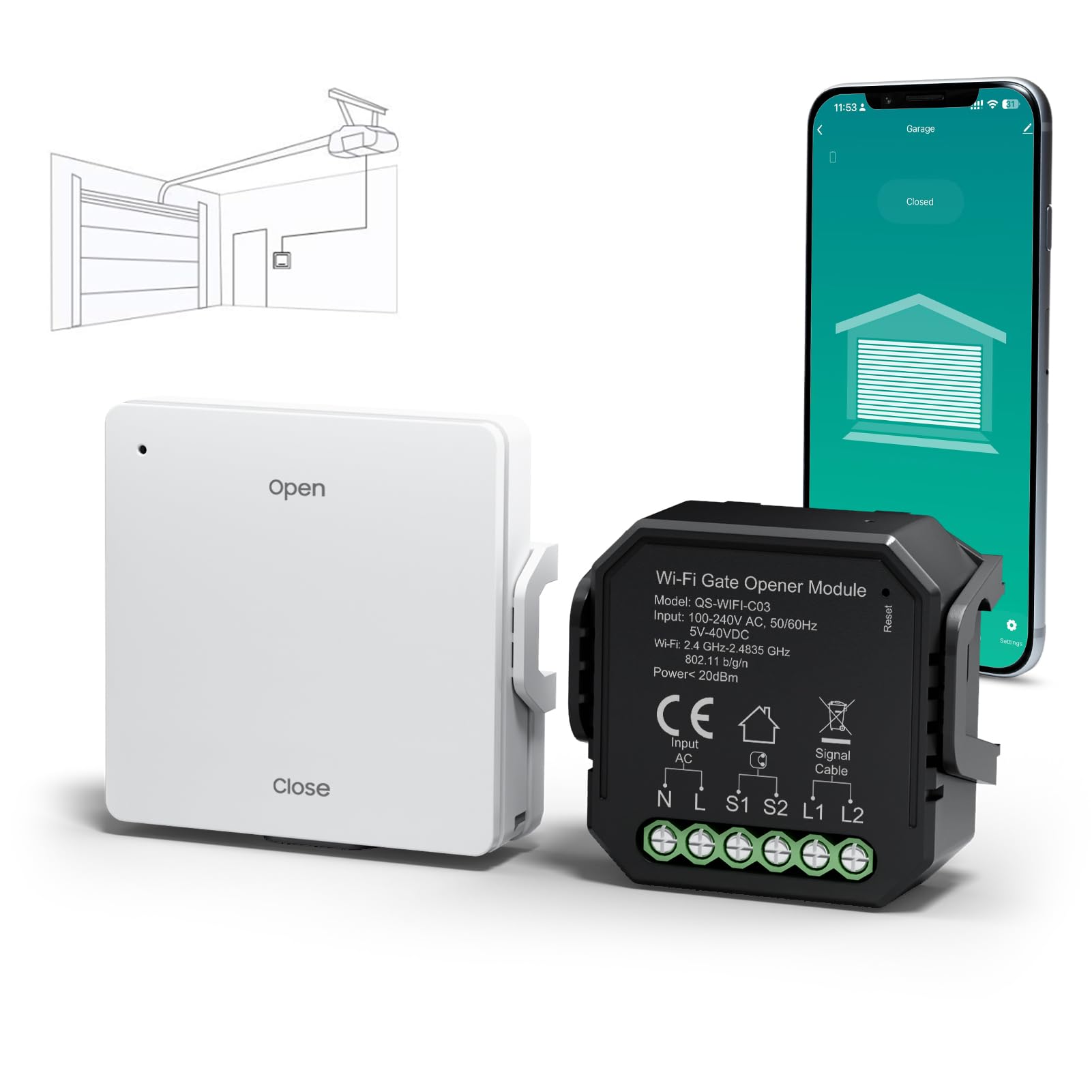 Yomogi Apriporta da Garage Wi-Fi, Modulo Interruttore Smart per Garage con Telecomando RF 2.4G, Controllo Vocale e Programmabile, Compatibile con Alexa/Google Home/Smartlife, Facile Installazione