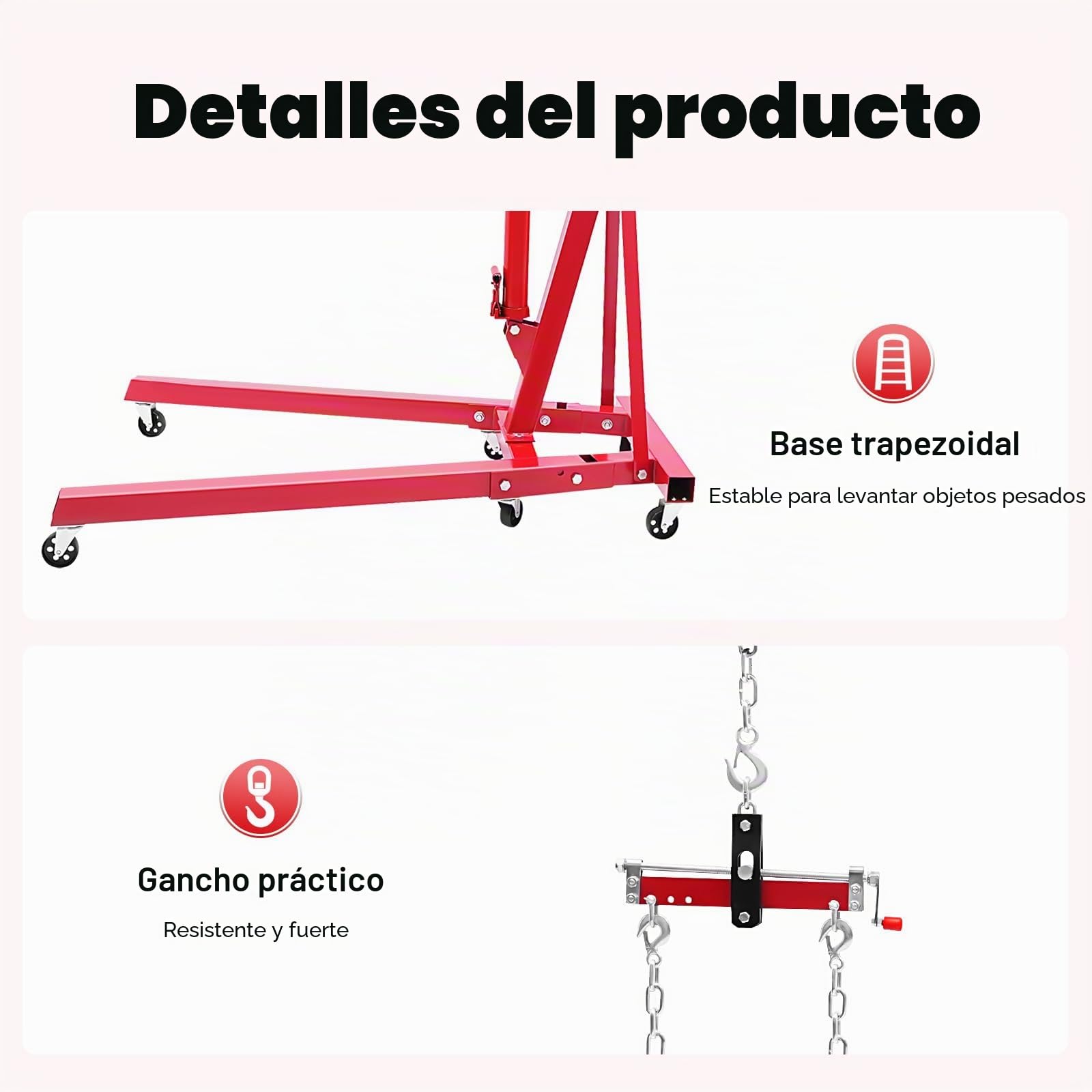 Grúa para motor, 2 toneladas, gato hidráulico con palanca de bomba, patas plegables, plataforma elevadora, elevador de coche, mango de soporte, 6 ruedas robustas, taller, garaje