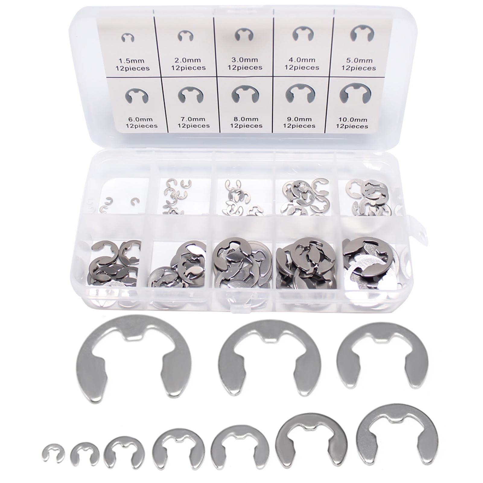 200 Pcs Circlips Assorted Sizes, E Clips, C-Clip Circlip External Retaining Rings Assortment Set, Snap Rings Assortment Kit, Heat Treated External Retaining Clips(Color:Silver, 200pcs)