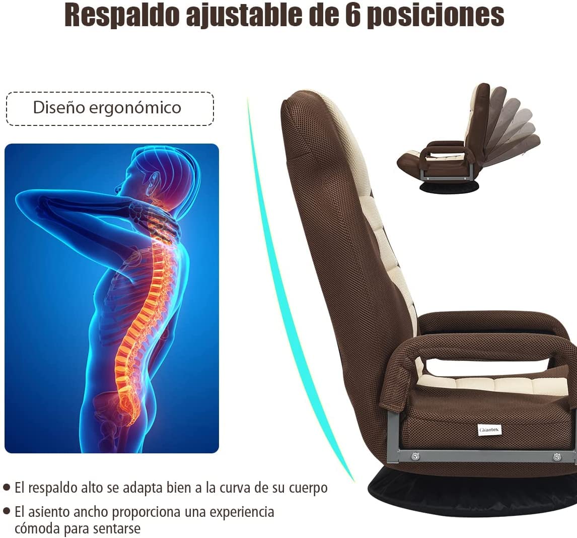 COSTWAY Silla de Suelo con Base Giratorio 360 ° y Respaldo Ajustable en 6 Posiciones Silla de Relax Meditación Sillón Perezoso Carga hasta 140 kg