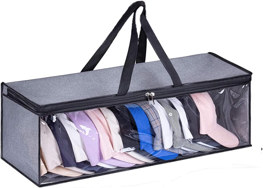 – Hat Organizer Box, Large Storage Container for Baseball Caps, Dustproof Portable Hat Holder Rack with Lid and Carrying Handles