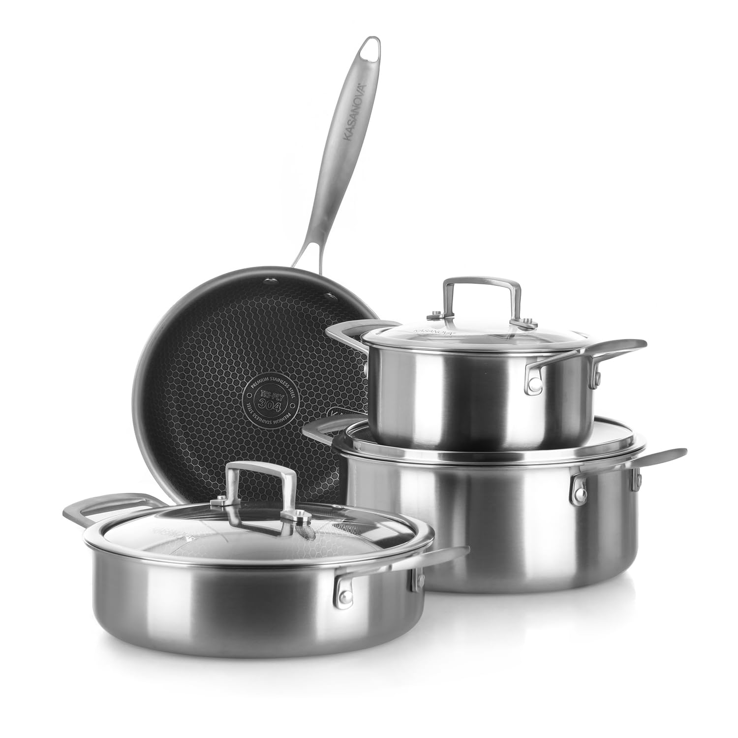KASANOVA Tri-ply Kochgeschirr-Set 7-teilig, dreilagiger Edelstahl, für Induktion und alle Herdarten geeignet, ofenfest bis 220 °C