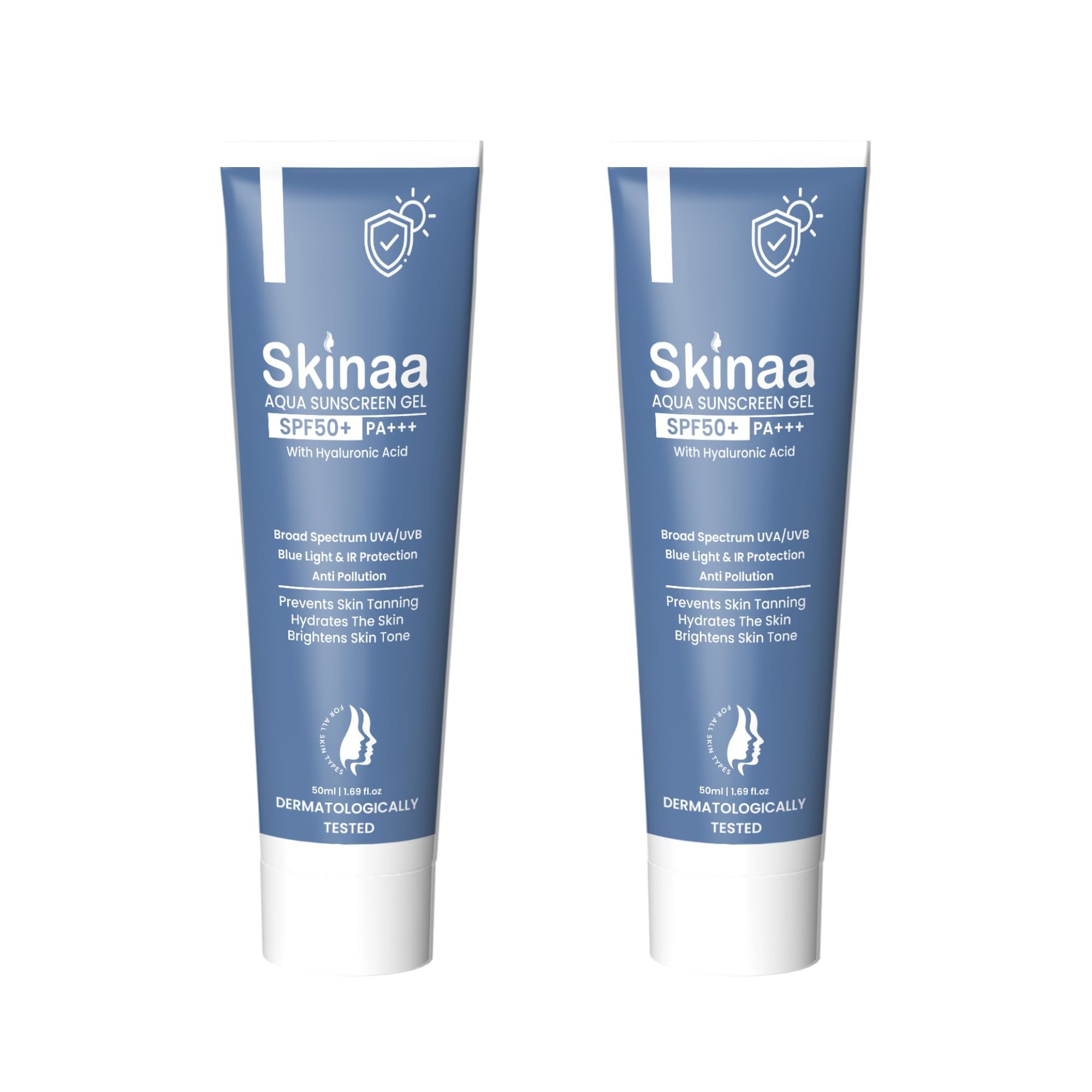 Skinaa Aqua Sunscreen Gel SPF 50+ PA+++ | Pack of 2 | Broad Spectrum UVA/UVB & Blue Light Protection | For Men & Women | Suitable for Oily, Dry, Sensitive & Combination Skin | No White Cast | 50ml Each