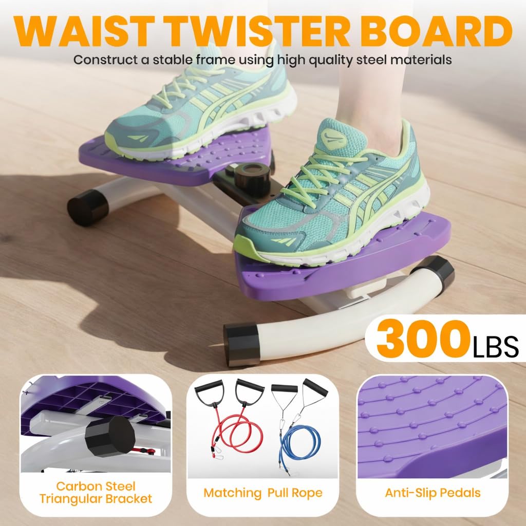 Ronai Máquina de torsión de cintura con bandas de resistencia, tabla ajustable para abdominales para fitness en el hogar, pedales duales, rotación silenciosa, rastrea el tiempo, repeticiones y calorías, capacidad de 300 libras (morado) 3