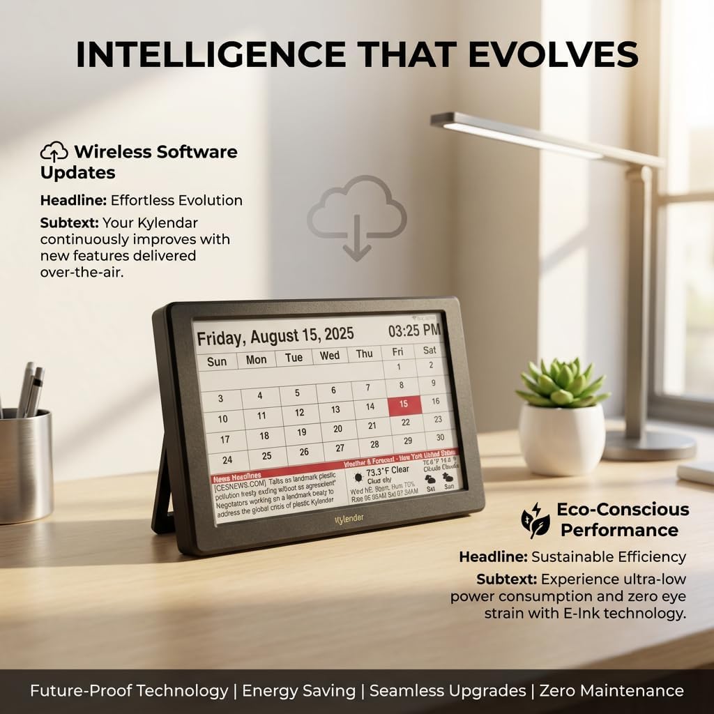 Intelevia 7" Smart E-Paper Desktop Calendar, Wi-Fi Digital Desk Clock with Weather & News, Eye-Friendly E-Ink Display, Auto-Refresh Perpetual Calendar for Office, ABS Shell - Black