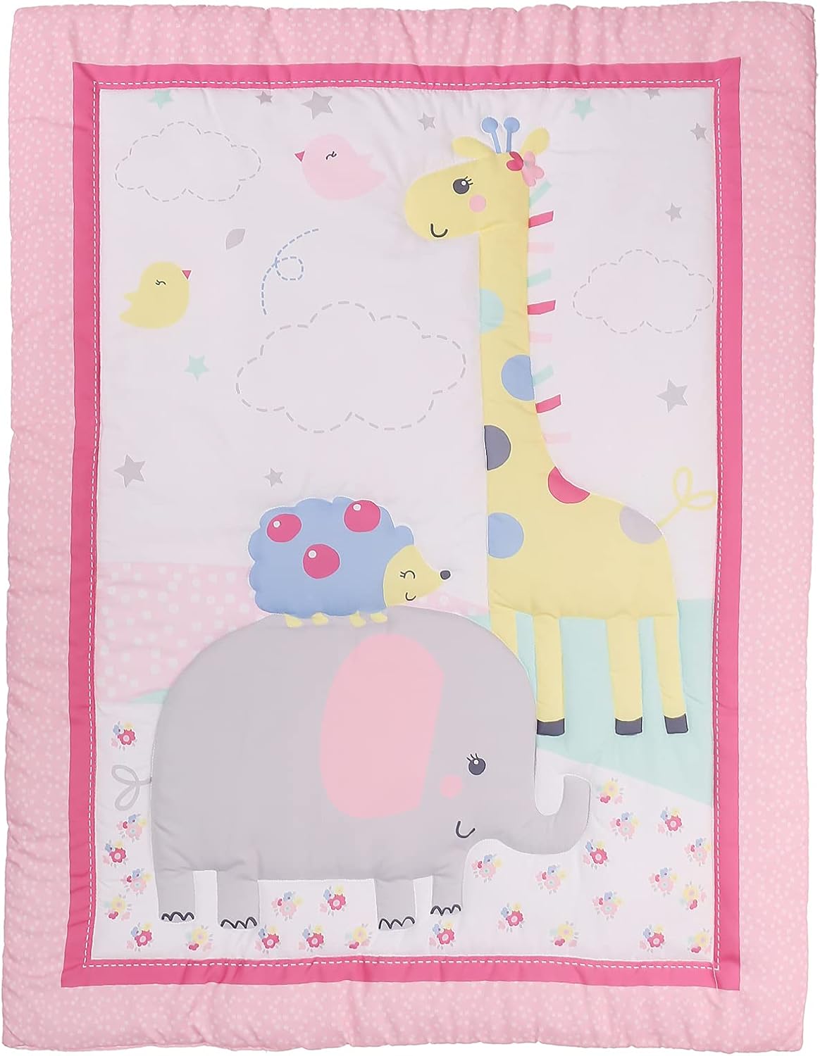 4 PCs Pink Elephant Giraffe Theme Nursery Crib Bedding Set Quilt + Fitted Sheet + Skirt + Window Valance Baby Girl Animal Themed Cot Bedding Set