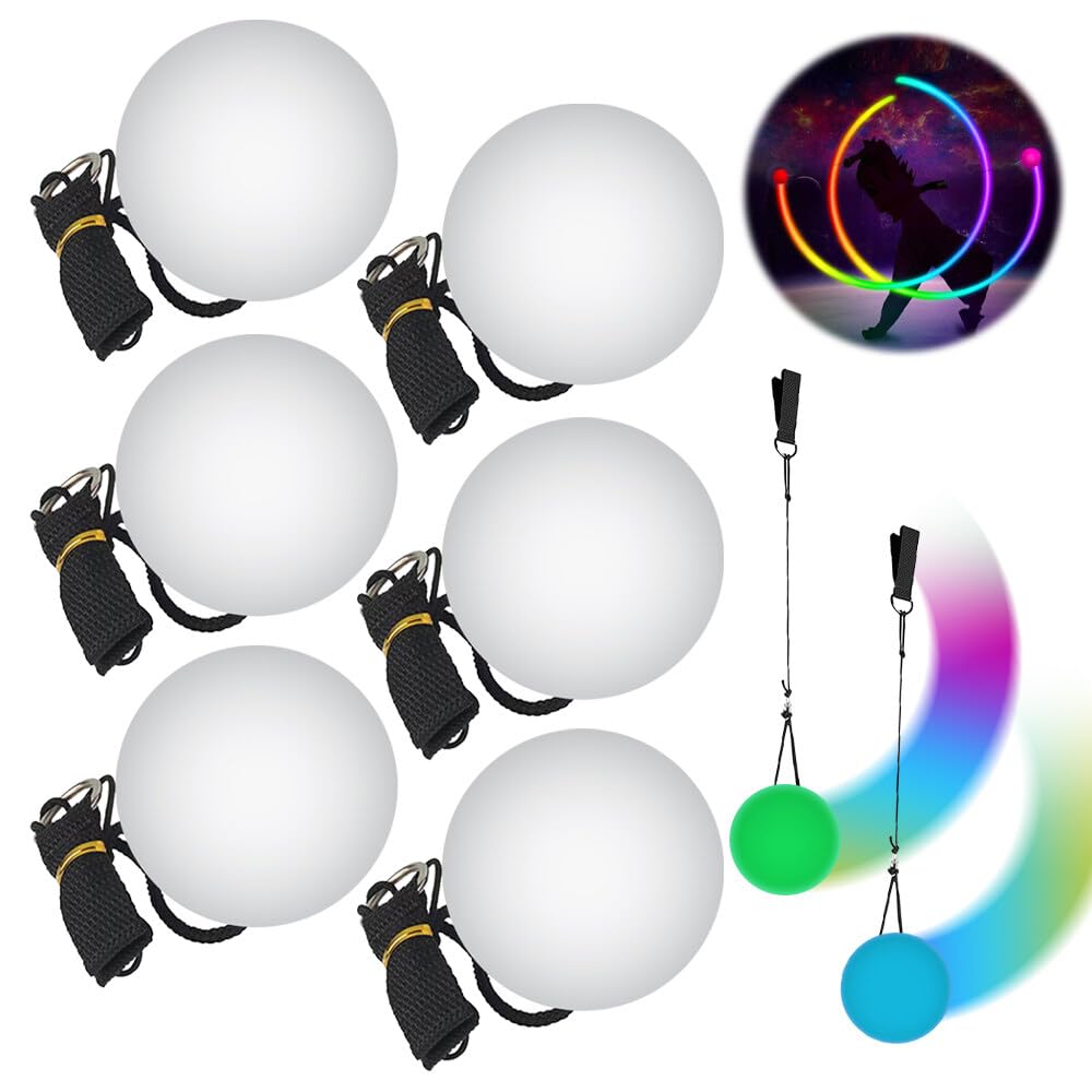 POI LED Balls, 6 Pieces Juggling Balls with Rainbow Colors and Strobe Effect, Upgraded POI LEDs, Carioca Juggling for Fitness, Dance, Juggling, Toy for Kids