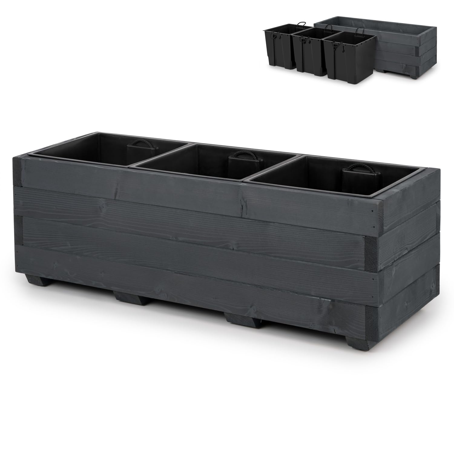 Blumentopf Holz - Pflanzkübel Übertopf Blumenkasten - mit DREI Kunststoffeinsätzen Herausnehmbar - 91 x 33 x 32 cm - Grau 91KAN3332AN