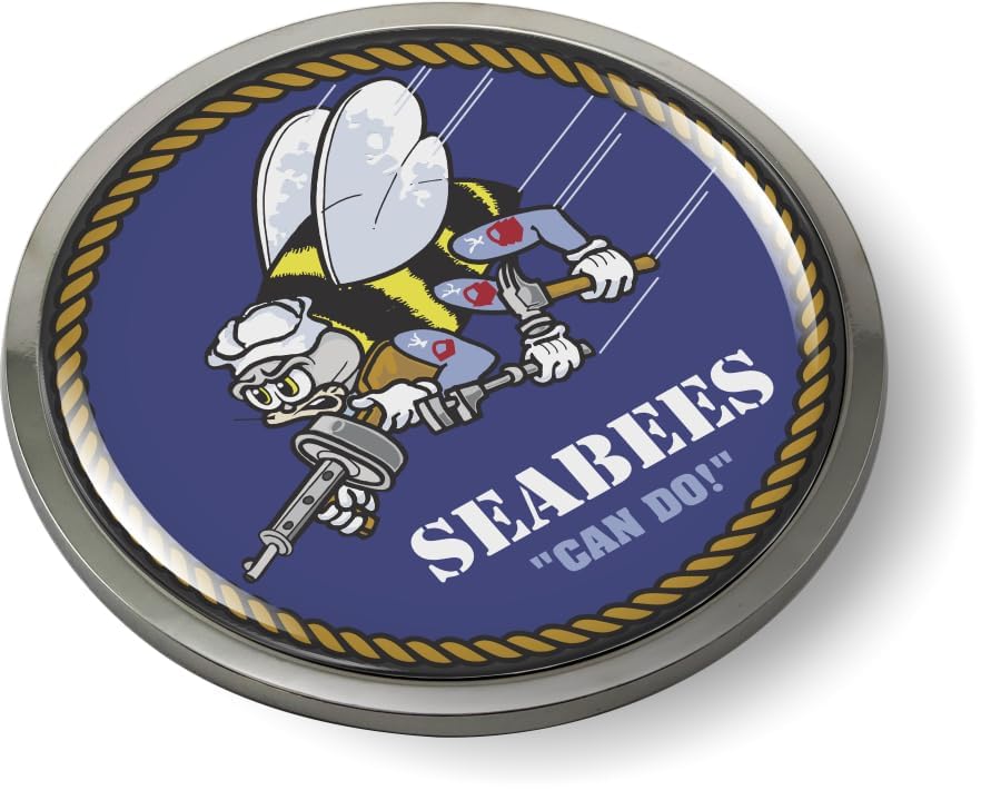 Image of U.S. Navy Seabees Naval Construction Battalions CAR Emblem Metal Bezel | Officially Licensed US Navy Product, 3D Domed, Chrome, Badge, Sticker, made by BestLicensePlateFrames