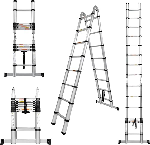 Miniatura 15 de Escalera de extensión telescópica de aluminio de 16.5 pies, capacidad máxima de 330 libras, marco en A, ligera, portátil, multiuso, plegable