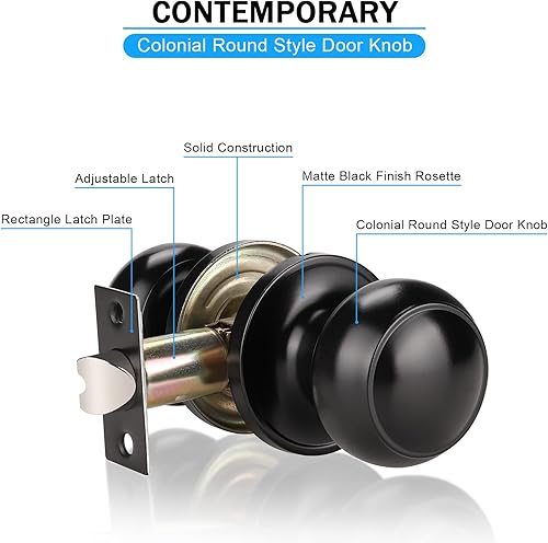 Miniatura 48 de KNOBWELL 8 Pack Black Door Knob for Hallway and Closet, Keyless Interior Passage Function, Round Non-Locking, Matte Black Handle