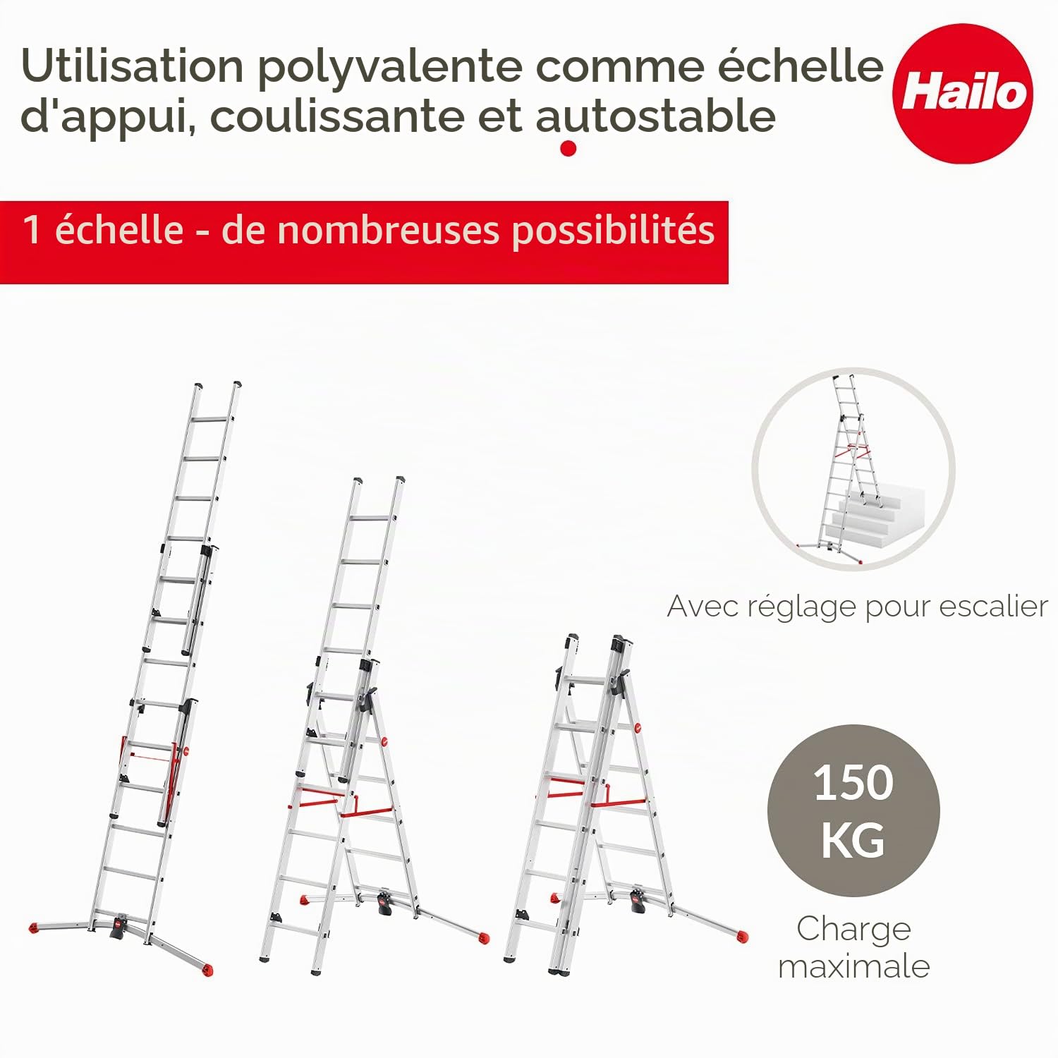 Echelle Transformable Pro 3 Plans 3x6 échelons 3,8m/4,7m en Aluminium Hailo ProfiLot