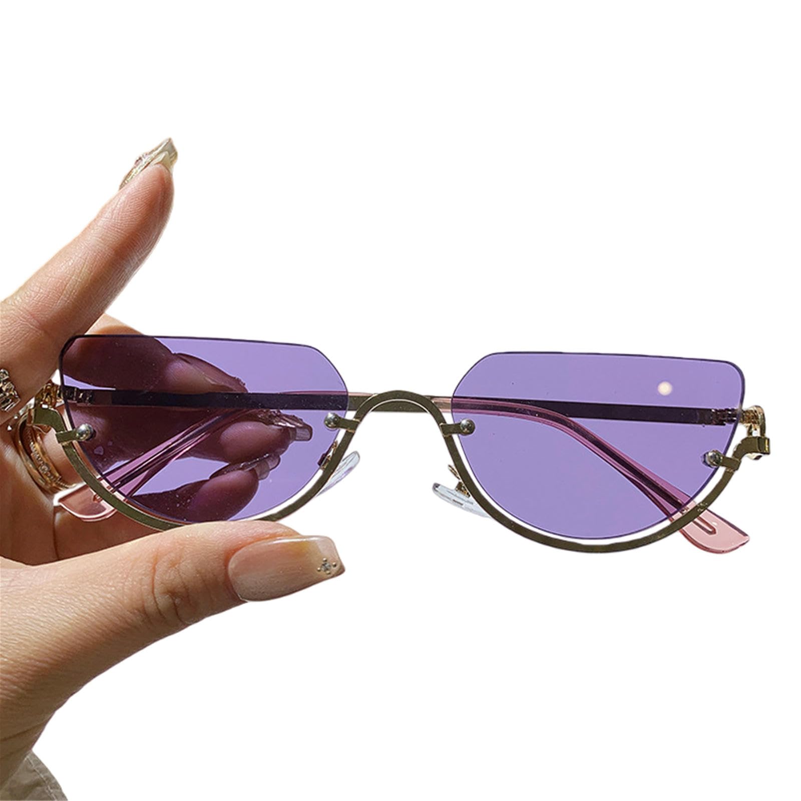 Gyios sunglasses Trendy Unique Semi-rimless Half Circle Rimless Women Men Luxury Metal Shades Glasses Eyewear- Gold Frame Purple Lens