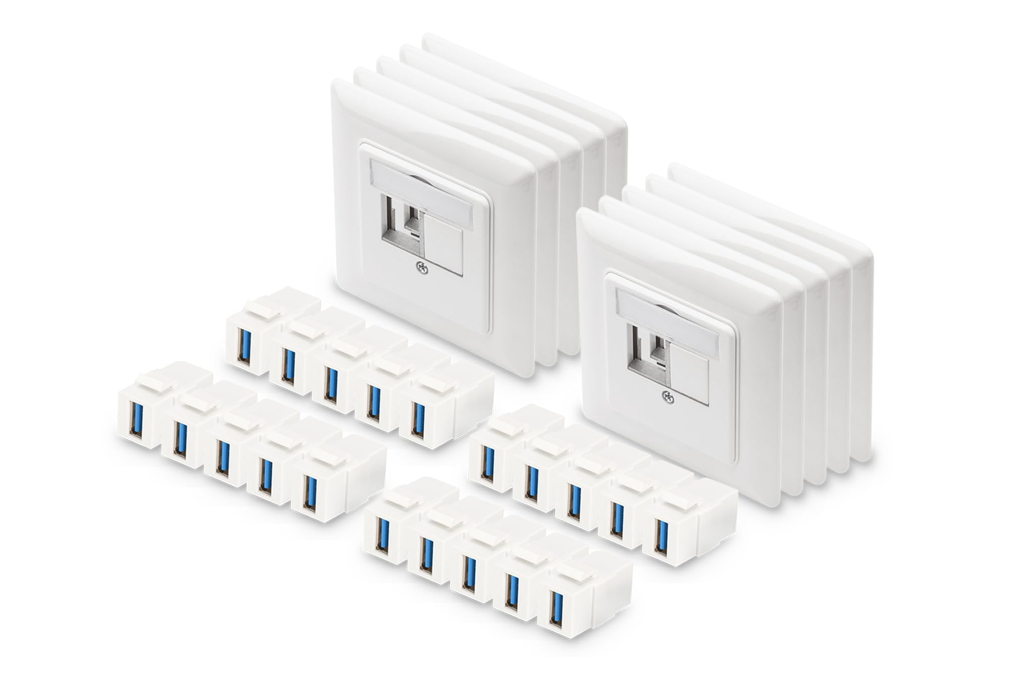 DIGITUS 10x Anschlussdose 2 Port – Auslass Gerade – Für Multimedia Keystone-Module + 20x Keystone-Kupplung USB 3.0 – Weiß