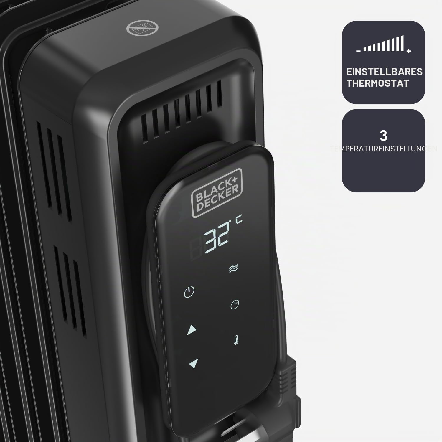 Black+Decker BXRA2501E – Elektronischer Ölradiator | 2500W | 11 Heizelemente | 3 Heizstufen | Digitales Display | Einstellbares Thermostat & 24h-Timer | Ultra leise