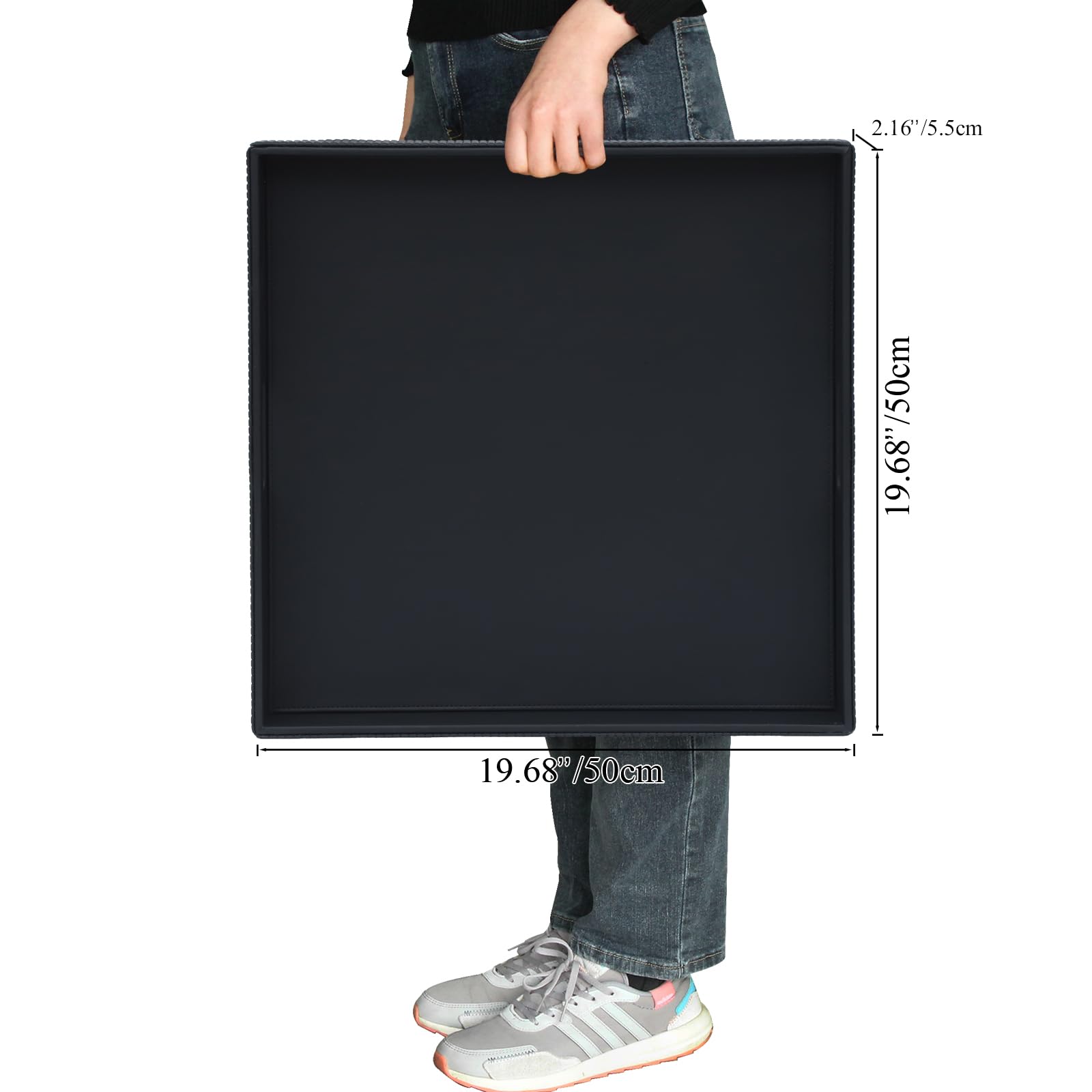 HofferRuffer Bandeja otomana de cuero con asas, 50 x 50 cm, bandeja para servir (negro)