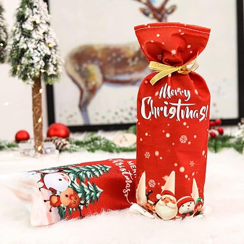 Miniatura 7 de Yahpetes Vestido de botella de vino de Feliz Navidad – 2 bolsas de cubierta de botella de vino tinto con cordón para decoraciones de fiesta de