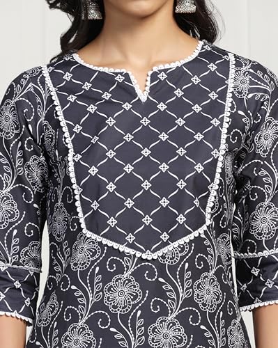 Tadkee Women's Round Neck Printed Kurta With Palazzo | Kurta Set For Women (Nx-Plazzo-Pair-Box-108-Navy-S)