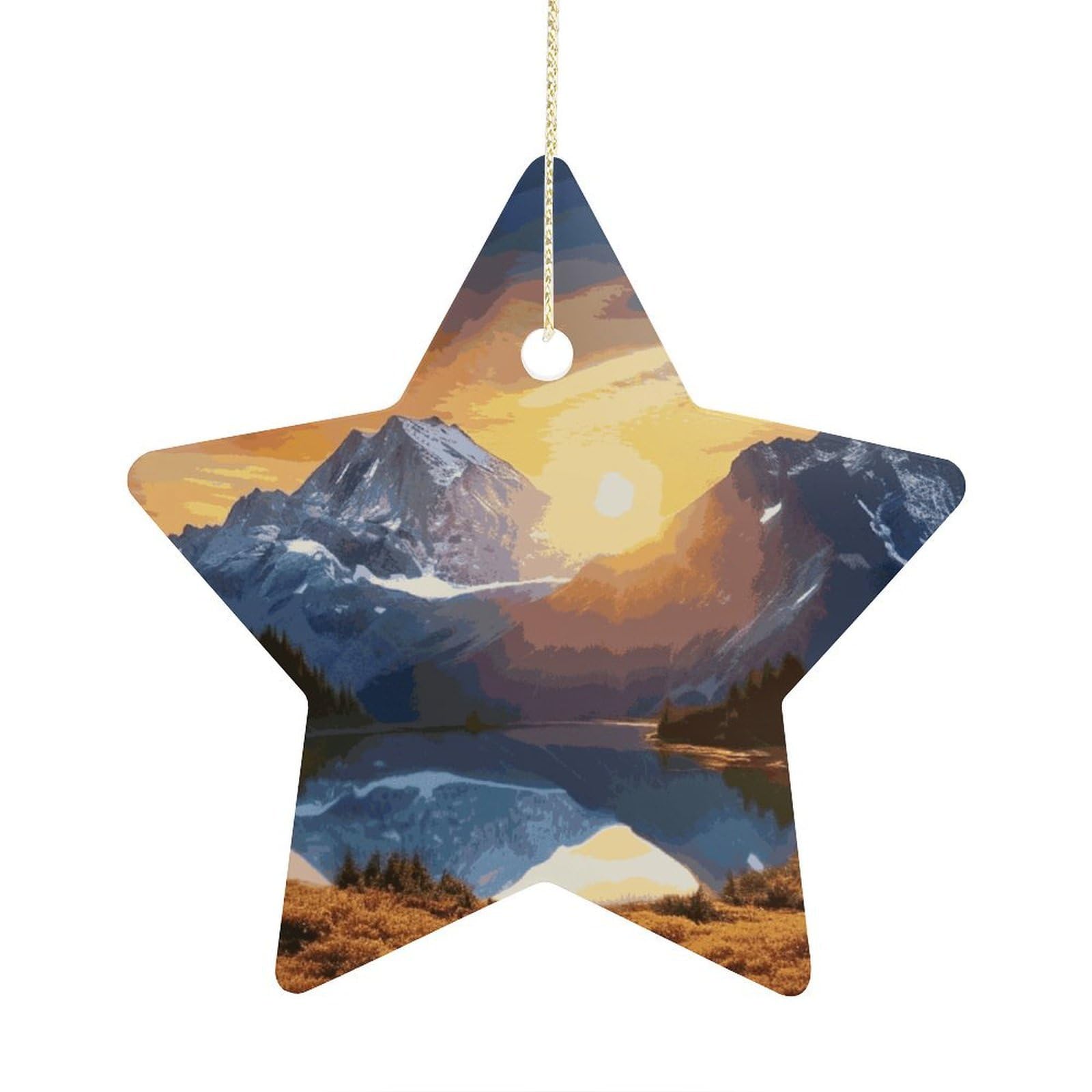 Mountain Sunrise Stars Ornaments Ceramic Christmas Tree Hanging Light in Weight Christmas Star Pendants Funny Double-Sided Printed Xmas Ornaments for Gifts