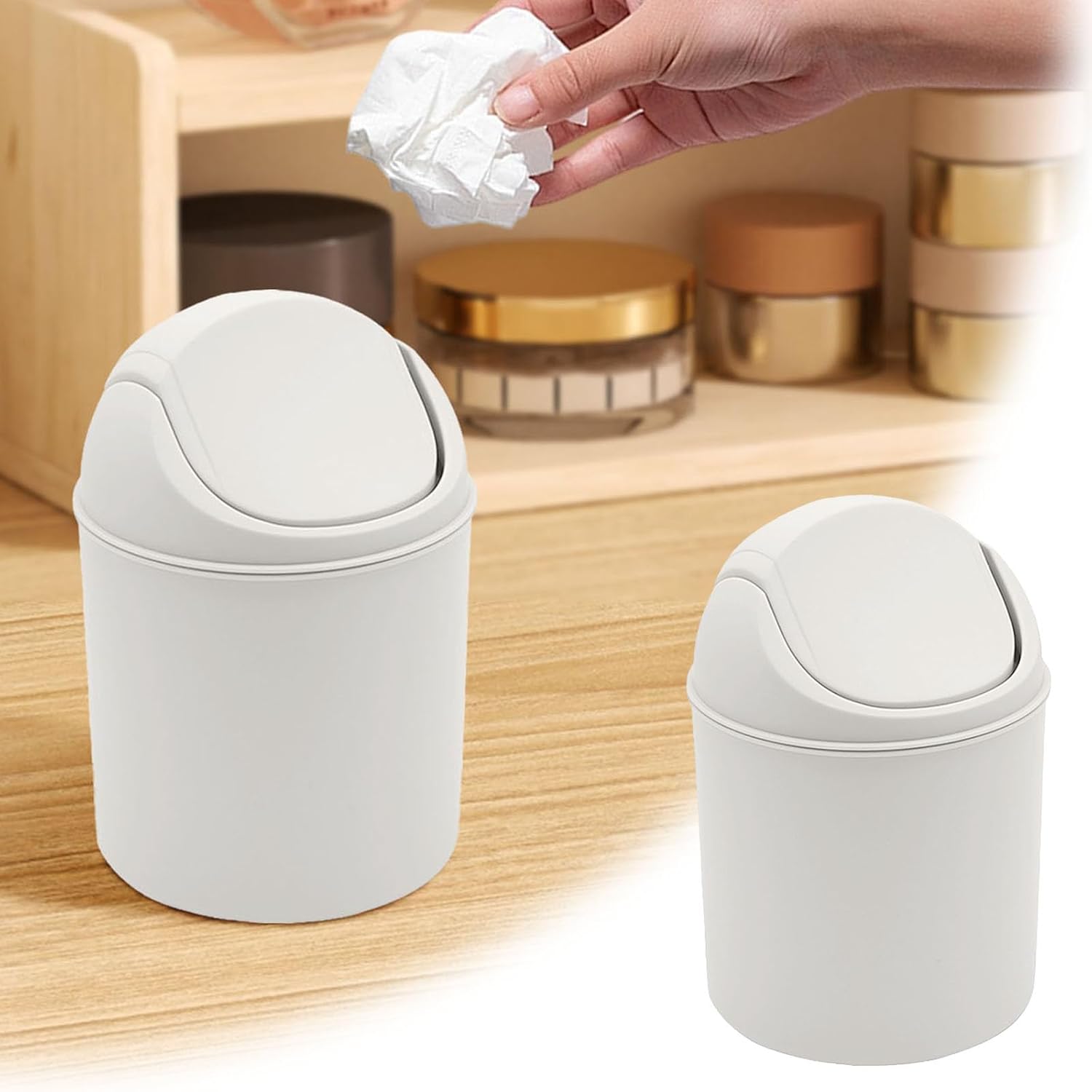 Plastic Desk Trash Can with Swing Lid Small Countertop Garbage Bin Small Table Top Plastic Covered Waste Basket