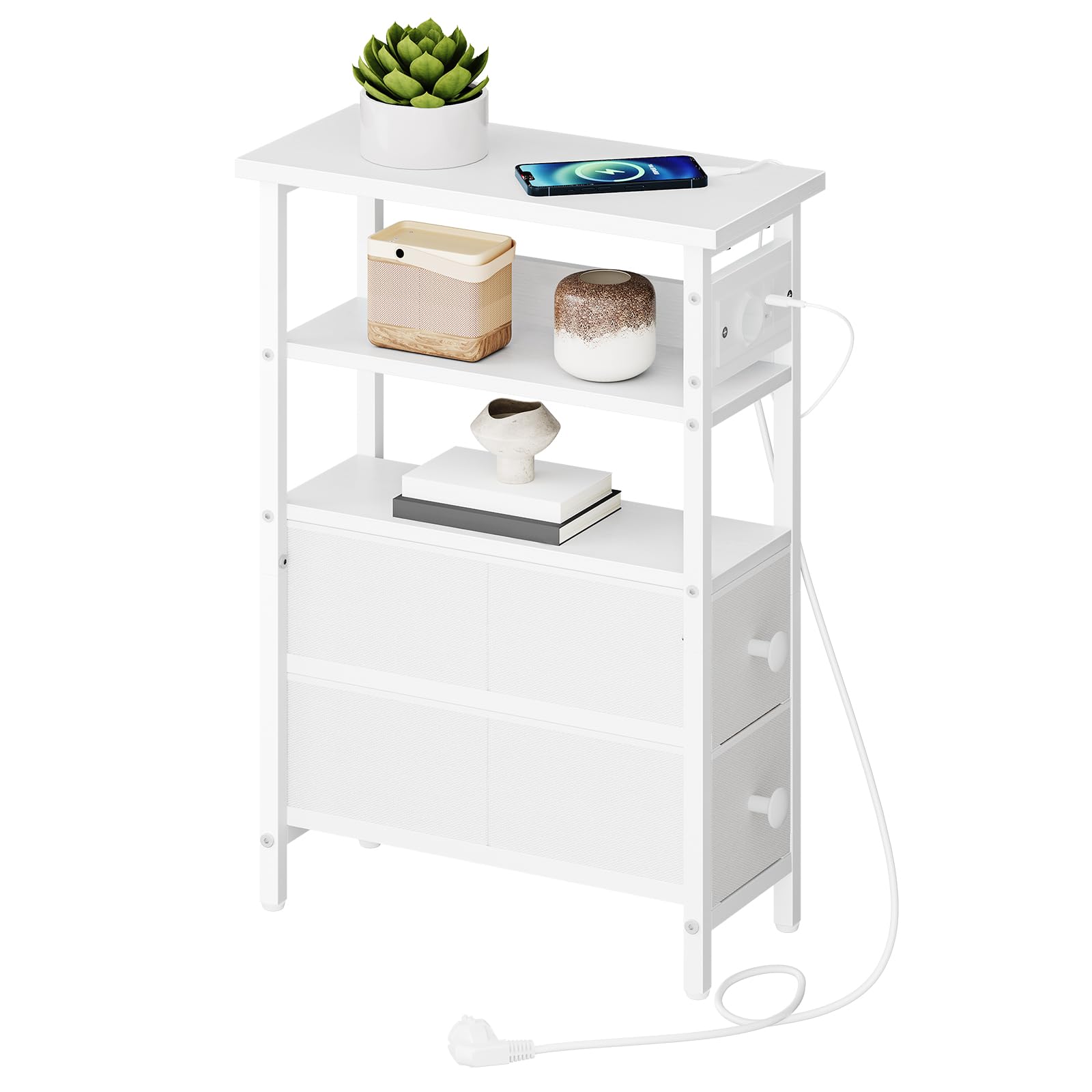 HOOBRO Tavolino Stretto con Stazione di Ricarica, Cassetti in Tessuto, Comodino Sottile con Ripiani Portaoggetti, per Soggiorno, Camera da Letto, Piccoli Spazi, Bianco EWT132CBZ01