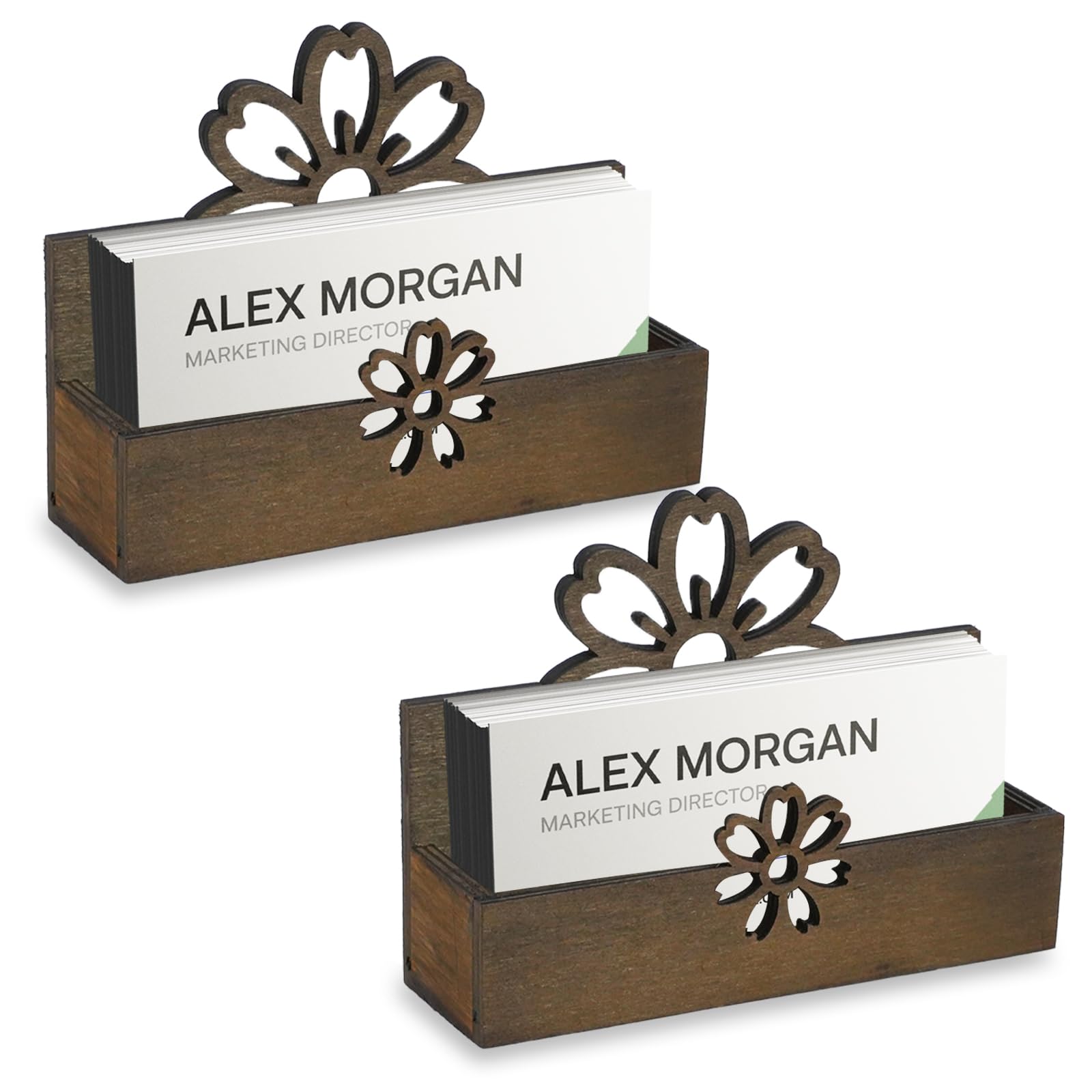 2 soportes para tarjetas de visita con flores para escritorio, soporte de madera para tarjetas de visita, soporte de madera para tarjetas de nombre, organizador de tarjetas de escritorio