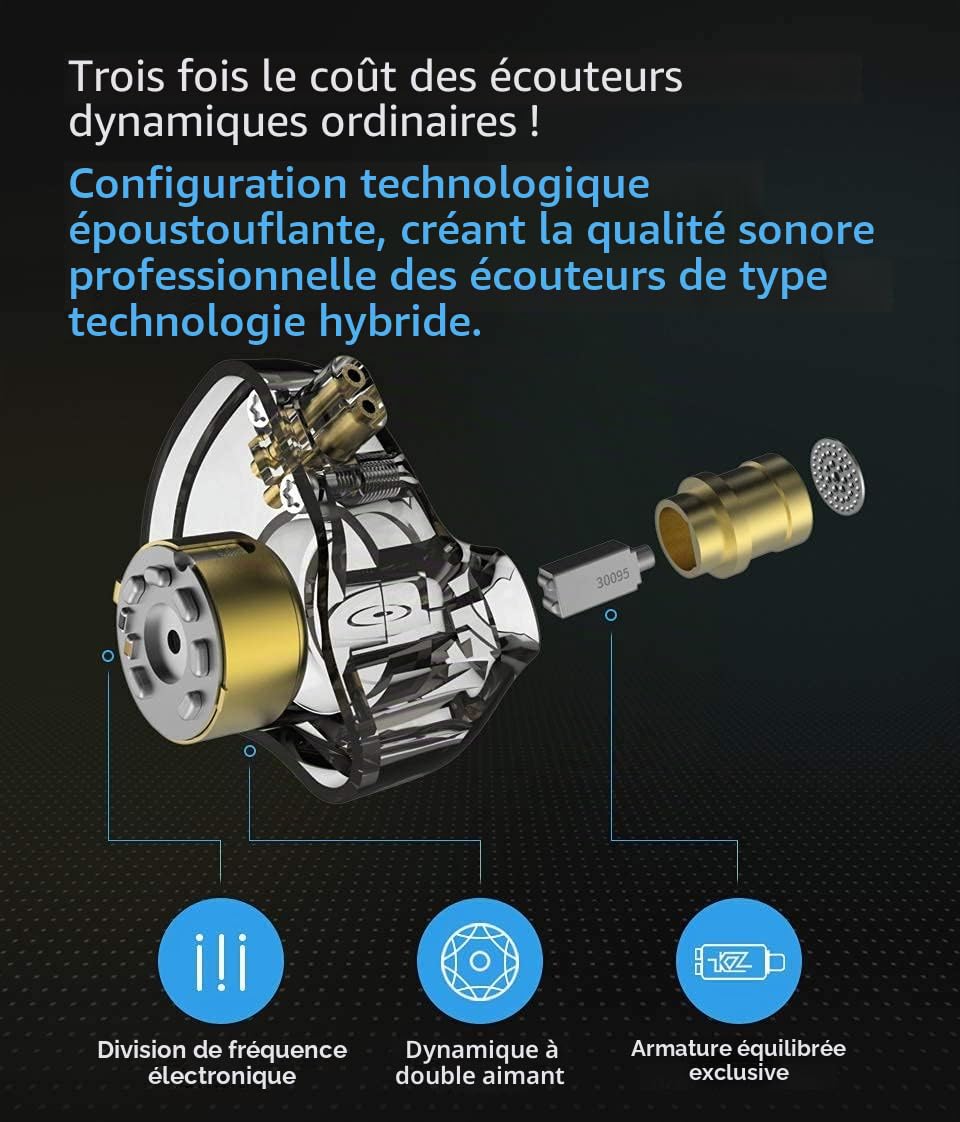 CCA KZ ZSN Pro Écouteurs intra-auriculaires à double pilote 1BA 1DD HiFi avec basse puissante Écouteurs à armature équilibrée Haute clarté du son Écouteurs filaires avec câble détachable pour