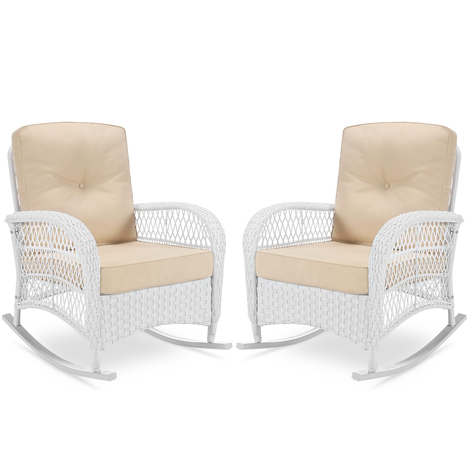 VIVIJASON 2 Piece Patio Wicker Rattan Rocker Chair, Outdoor Rattan Rocker Chair with Cushions & Steel Frame, All-Weather Rocking Lawn Wicker Furniture