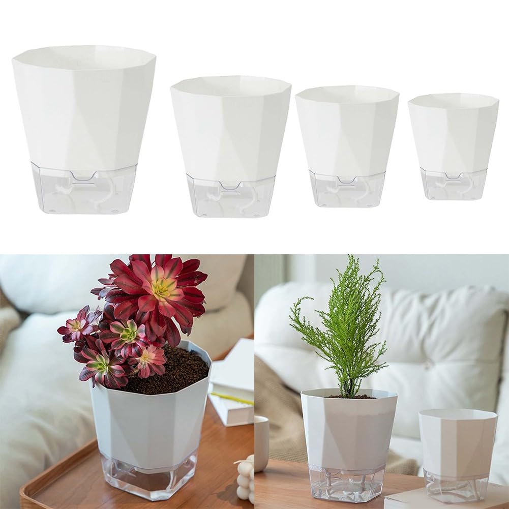 Macetas blancas de riego automático, paquete de 6 con depósito desmontable, macetas de plástico de doble capa con drenaje para interiores, oficina, hogar, jardín