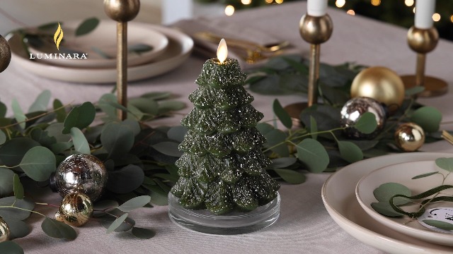 Image of Luminara Christmas Tree Flameless LED Candle, Dark Green 4.7 inch x 6.5 inch, Moving Flame Battery Operated Timer, Holiday Decor, Glitter Snow Finish Safe