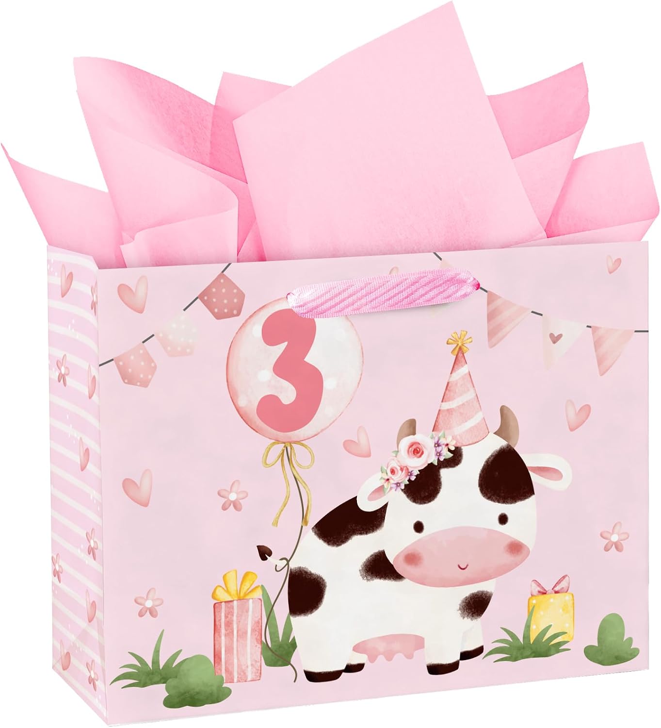 WRAPAHOLIC 13" Large Cow 3rd Birthday Gift Bag with Tissue Paper - Farm Pink Cow Paper Bags for Three Year Old Girls Birthday Party