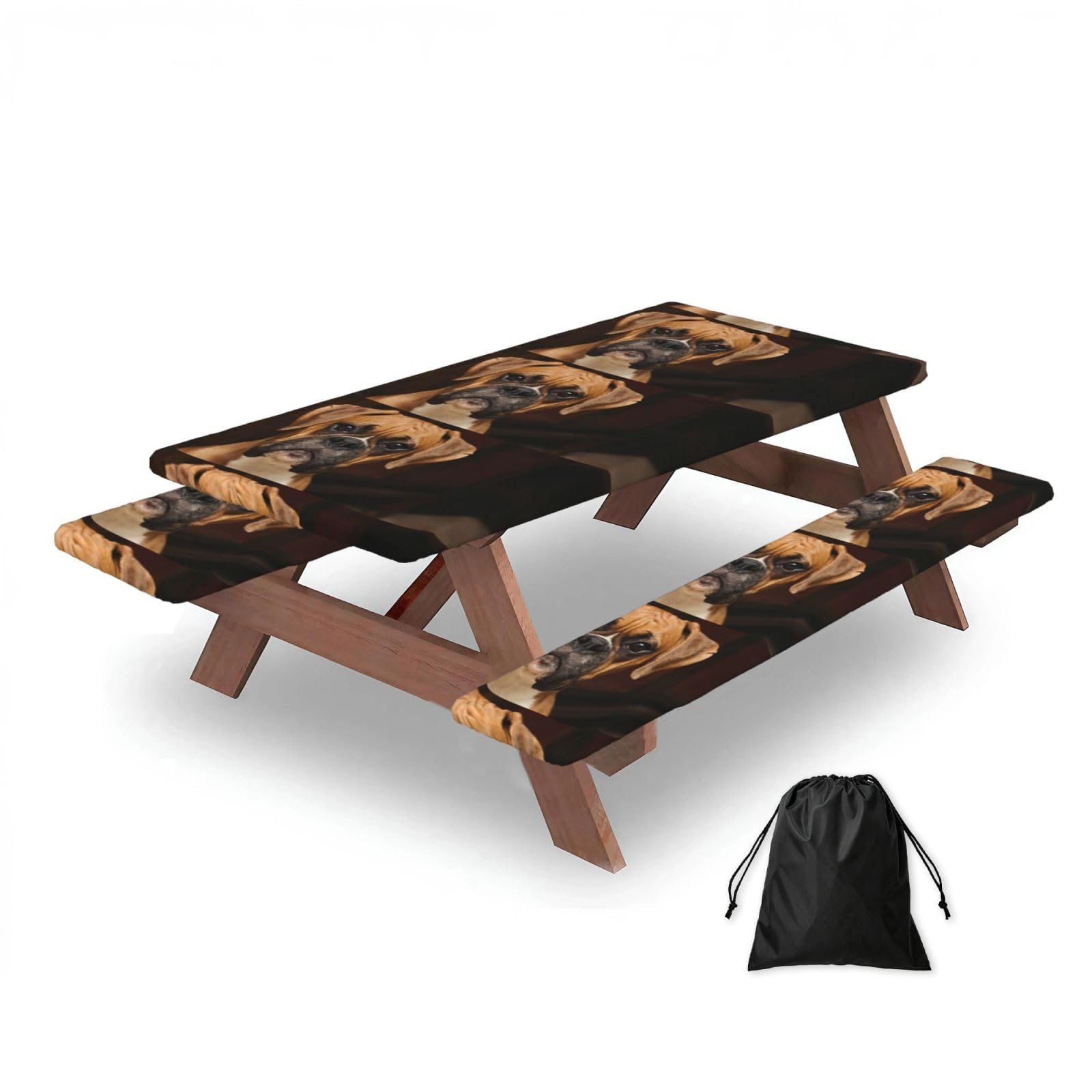 Dopklna As Picture Boxer Dog, Picnic Table Cover With Bench Covers -Waterproof Elastic Fitted Tablecloth For Garden Camping Patio 76X152cm