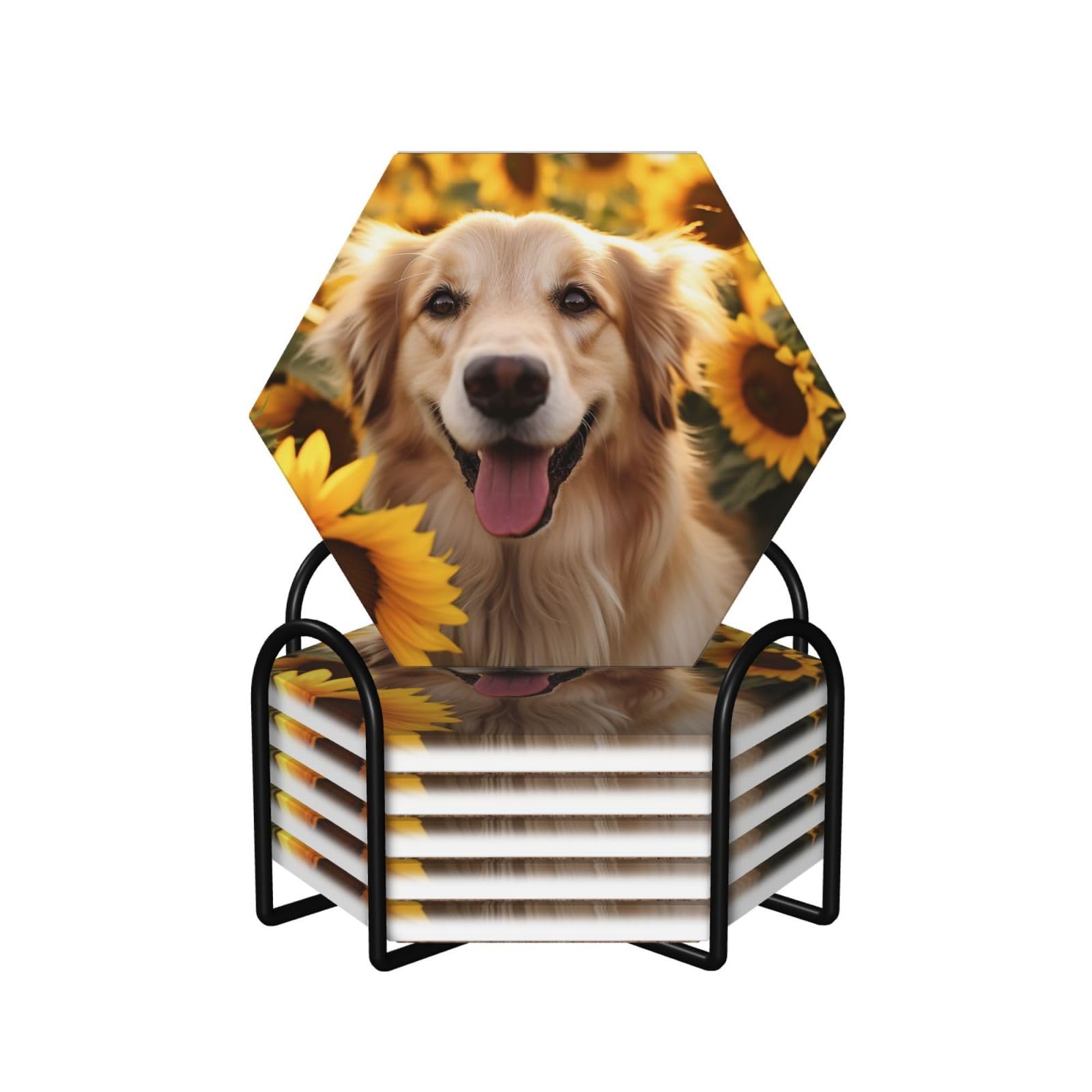 6Pcs Ceramics Coaster for Drinks, Dog and Sunflower Cup Coasters with Holder, Aesthetic Drink Coasters for Coffee Table, Absorbent Round Coaster for Tabletop Protection 4" Cup Mat Pad