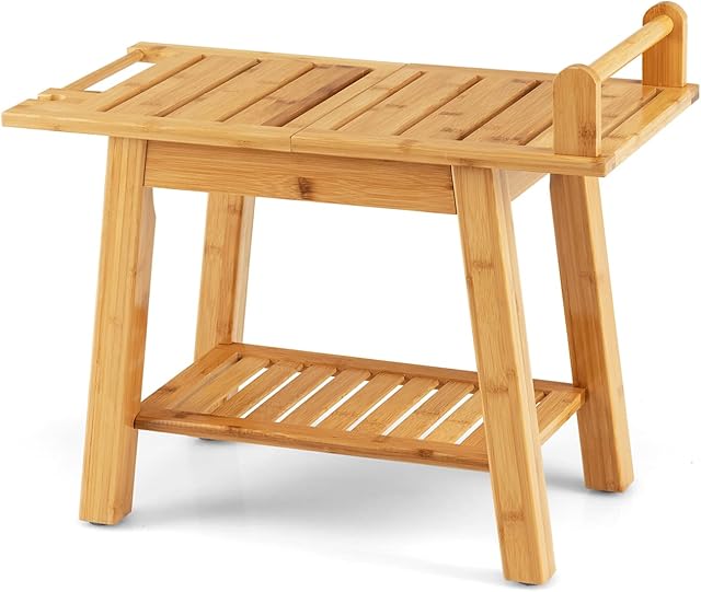 RELAX4LIFE Bamboo Shower Bench, 2-Tier Bathroom Spa Stool Seat with Storage Shelf & Non-Slip Feet, Inside Bath Stool Shower Seat for Disabled Elderly