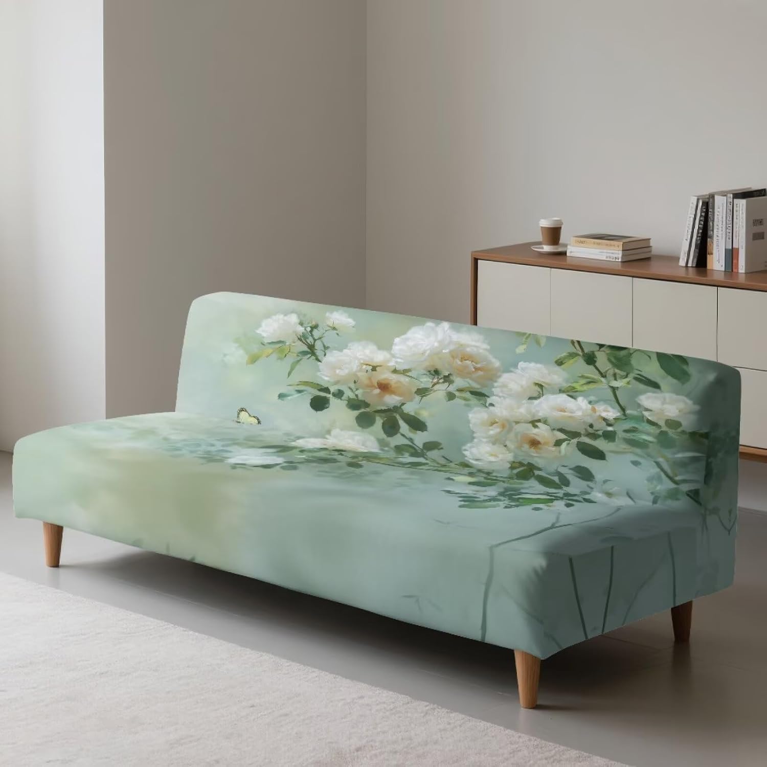 Rose Floral Print Green Stretch Armless Futon Cover Futon Slipcover Anti Slip Sofa Bed Cover Furniture Protector with Elastic Bottom, Machine Washable