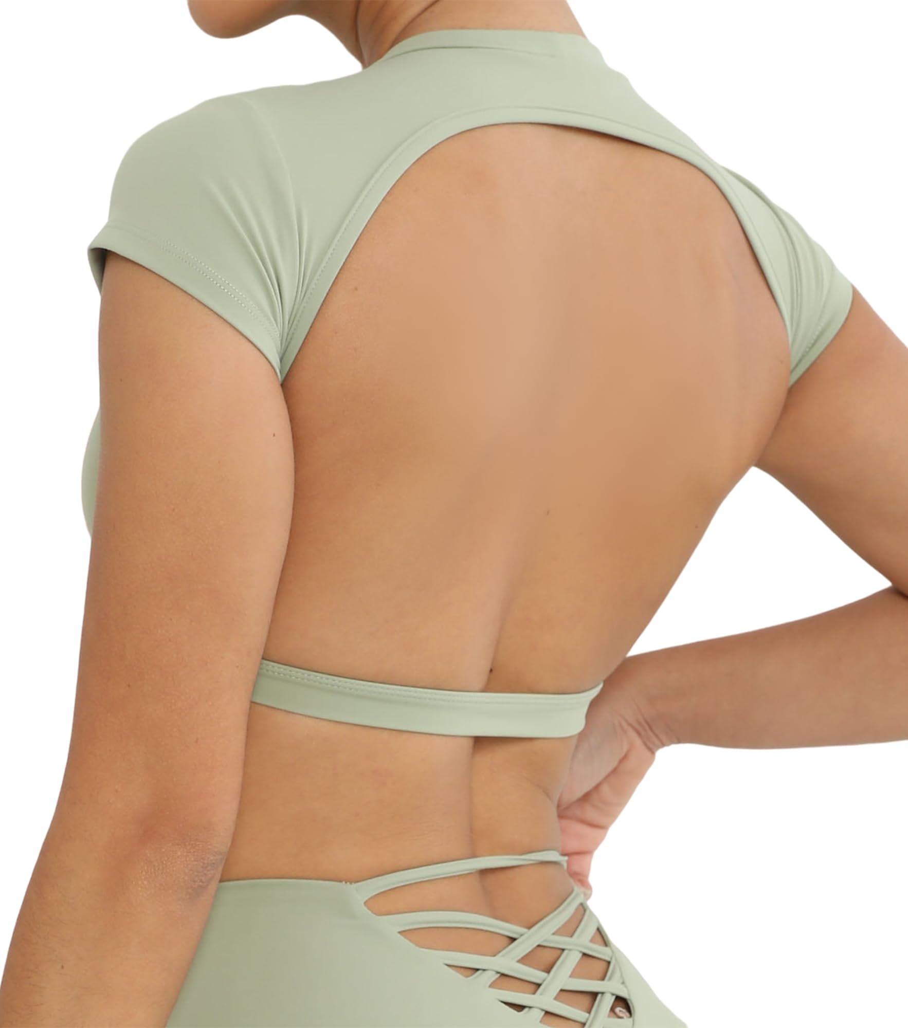 FEOYA Women’s Open Back Crop Tops Short Sleeve Slim Fit Gym Workout Tops with Pads Soft Yoga Fitness Activewear