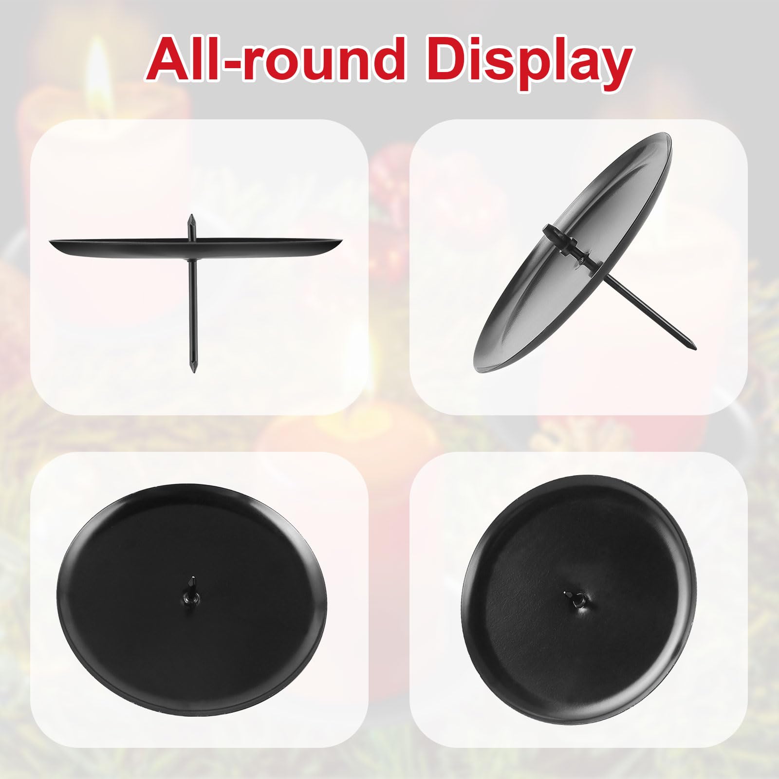 4Pcs Support Bougie en métal, Ø 8cm Bougeoir Noir pour Bougies de l'Avent, Assiette à Bougie Couronne de l'Avent avec épine, Décoration de Table de Noël, pour Décorer des Couronnes