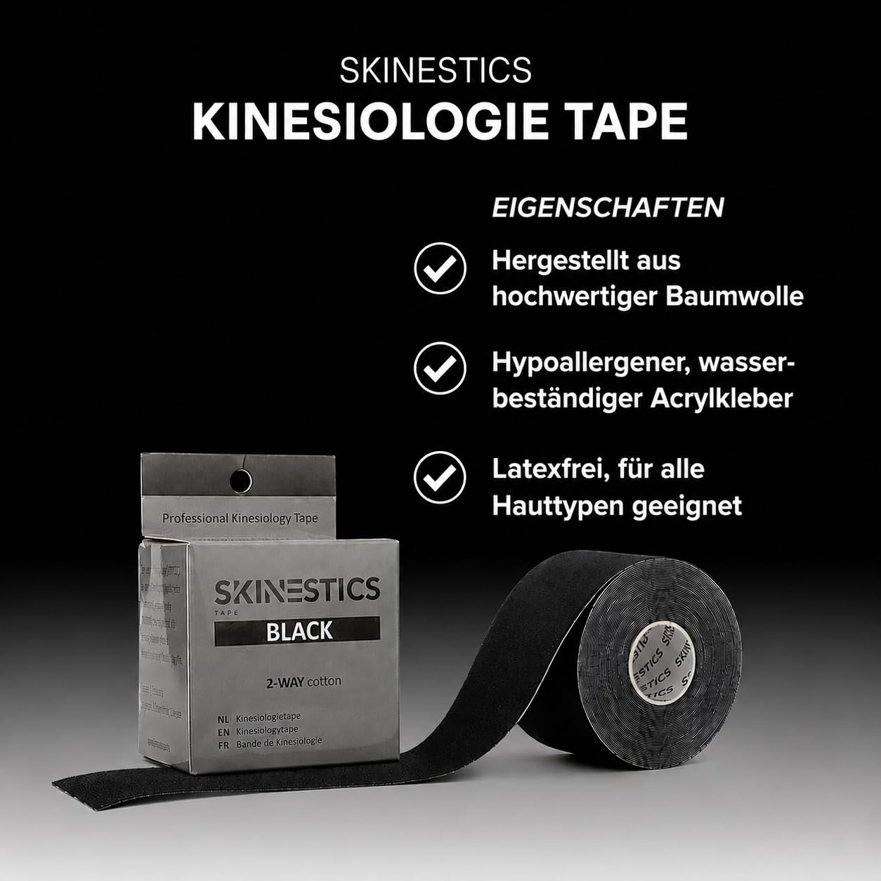 Skinestics | Kinesiologie Tape Schwarz | 3-Pack | 600cm x 5cm | Waterproof | Sportbandage & Medizinisches Kinesiotape | Knie, Fußball, Hallux Valgus, Tennisarm | Sport, Physio Tape, Cure Tape