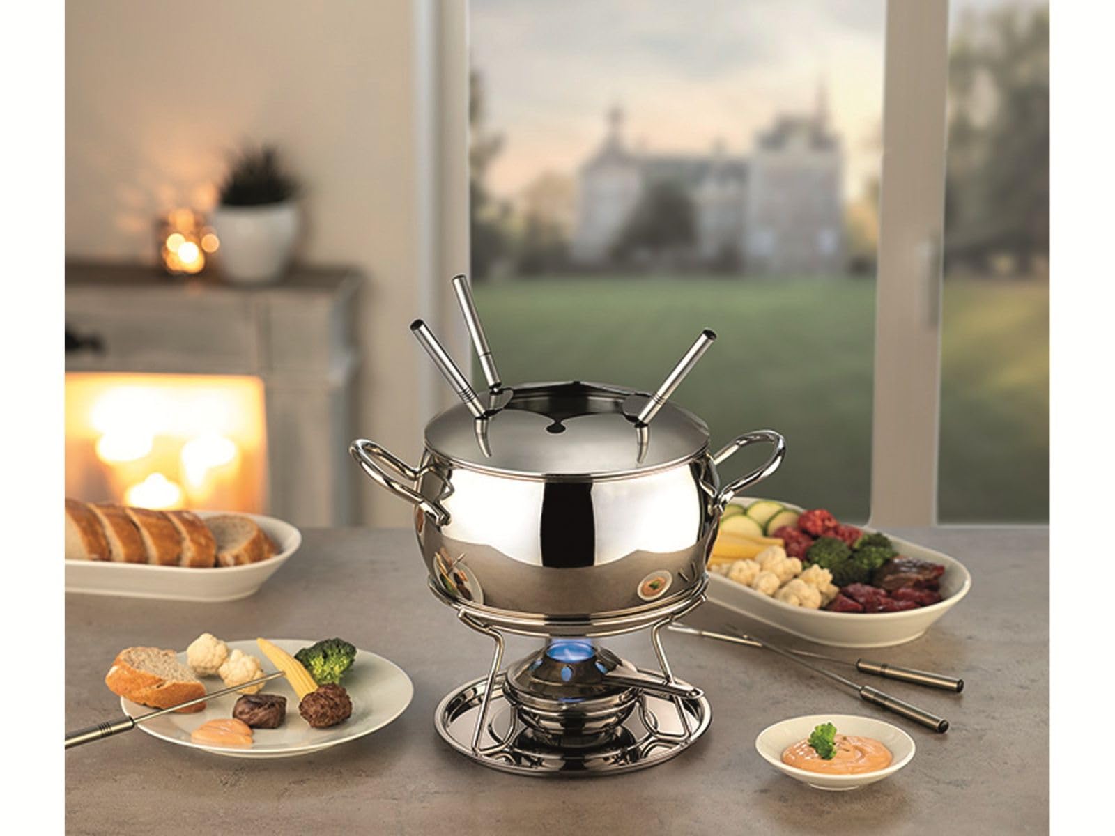 APS Fondue- und Feuerzangenbowle Set, Zuckerzange, Feuerzange, Fondue-Topf, Edelstahldeckel, hochglanzpoliert, Gestell, verchromt, Schöpfkelle, für ca. 2,2 Liter Flüssigkeit, Ø22 cm, 23 cm Höhe