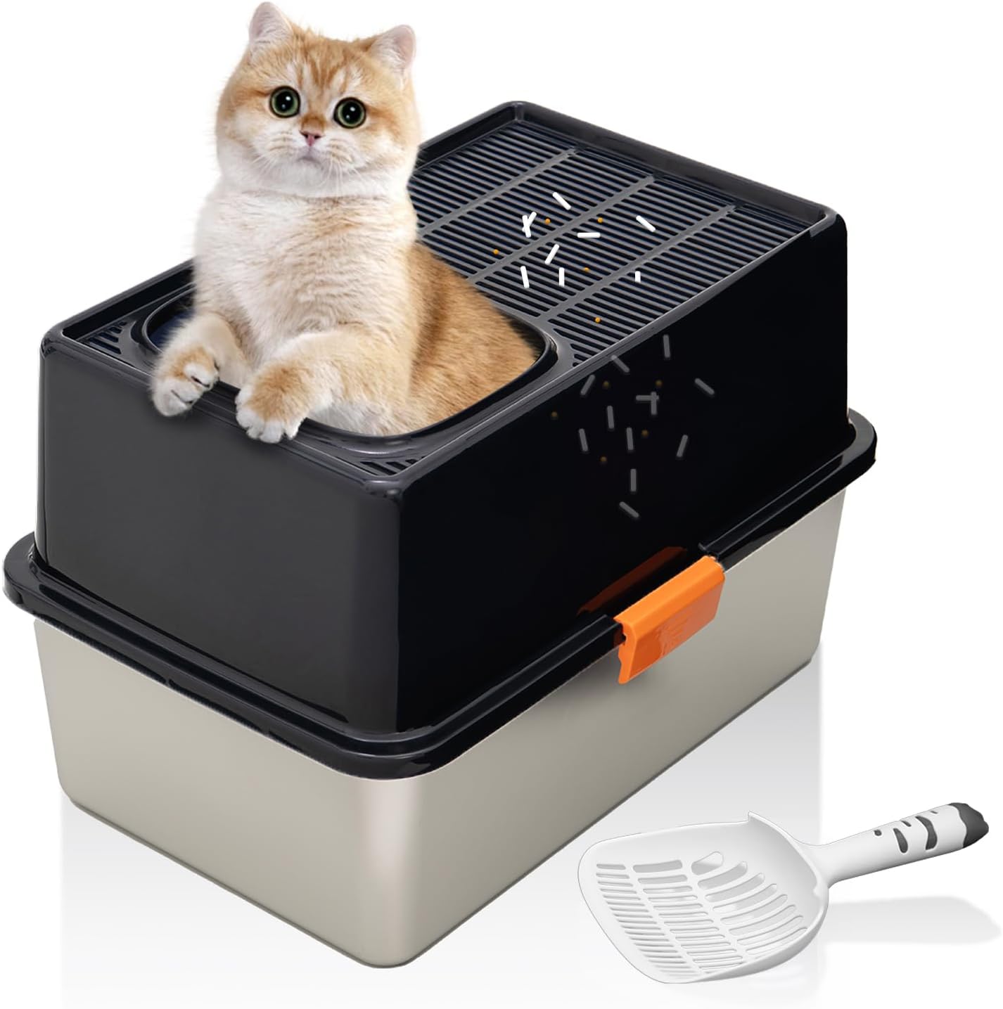 MEEXPAWS Stainless Steel Cat Litter Box Top Entry XL Large with Lid, 8'' High Side Metal Cat Litter Box for Big Cats, Top Cover with Slot, Non-Stick, Easy Clean, Include Litter Scoop