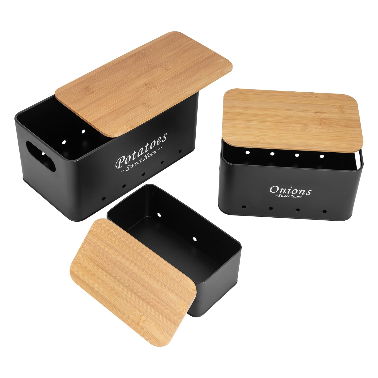 Kartoffel Aufbewahrungsbox 3er Set, Aufbewahrungsbox Küche für Zwiebeln/Kartoffeln/Knoblauch, Aufbewahrung Küche mit Belüftungslöchern, 3 Größen, Schwarz