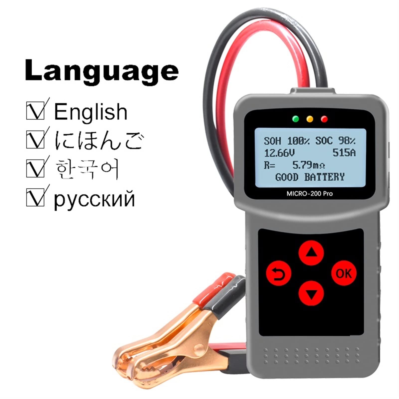 Micro200 Pro Tester Batteria for Auto 12V 40-2000CCA Analizzatore di Batteria Al Piombo Test di Avviamento Test di Ricarica Strumento di Diagnostica(Asian-Metal Clip)