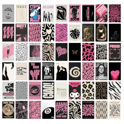 Image of VEENSHI Paper Pack of 54 Aesthetic Black & Pink Retro Wall Collage Kit, Vintage Aesthetic Room Decor | 300GSM