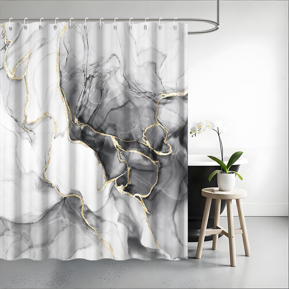 Tenda Doccia Antimuffa, Tenda da Doccia 180x200cm Grigio Effetto Marmo Nero Astratta Moderna Tende da Bagno Impermeabile Tessuto Lavabile Poliestere Tende per Vasca da Bagno con 12 Anelli