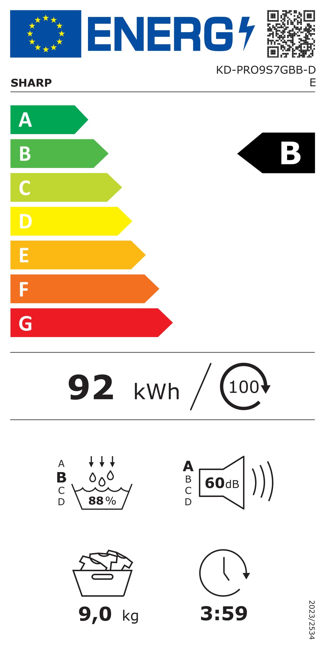 Sharp KD-PRO9S7GBB-DE Wäschetrockner 9kg B WiFi 15 Trockenprogramme Schwarz