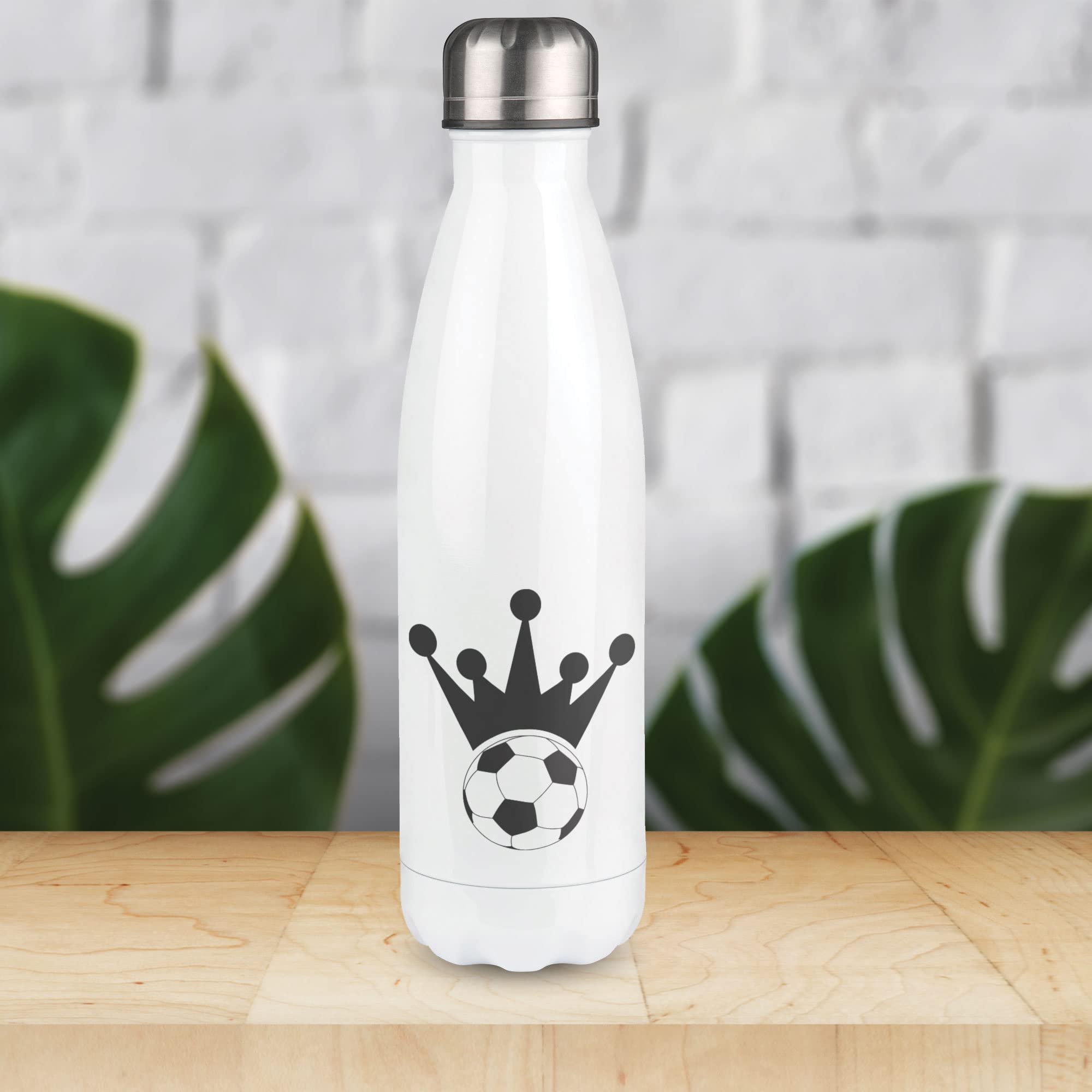 Weiße Thermosflasche mit Fußball-Motiv